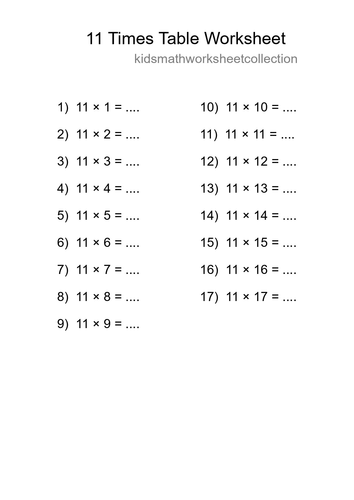 11 Times Table Worksheet For Grade 4 - Part 174
