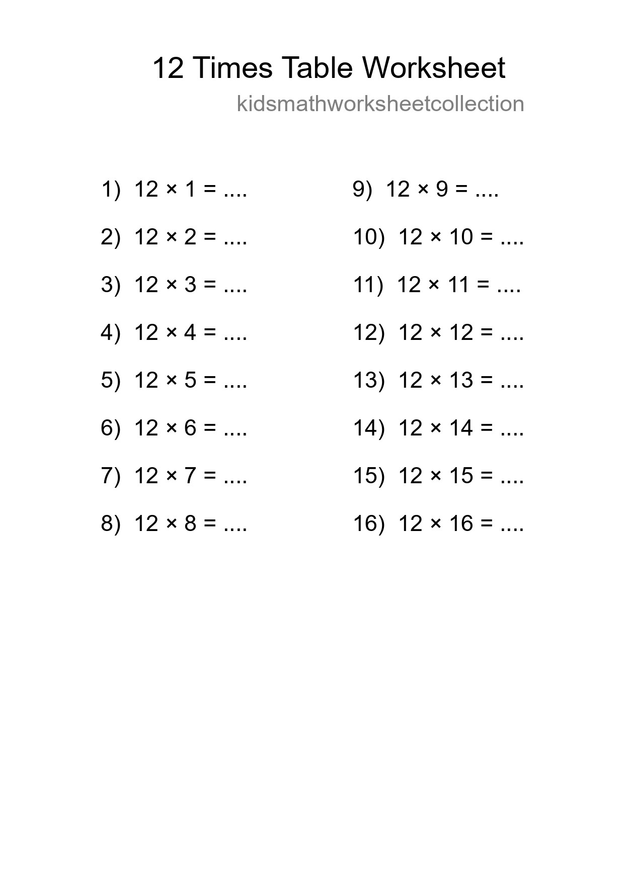 12 Times Table Worksheet For Grade 4 With Answers - Part 86