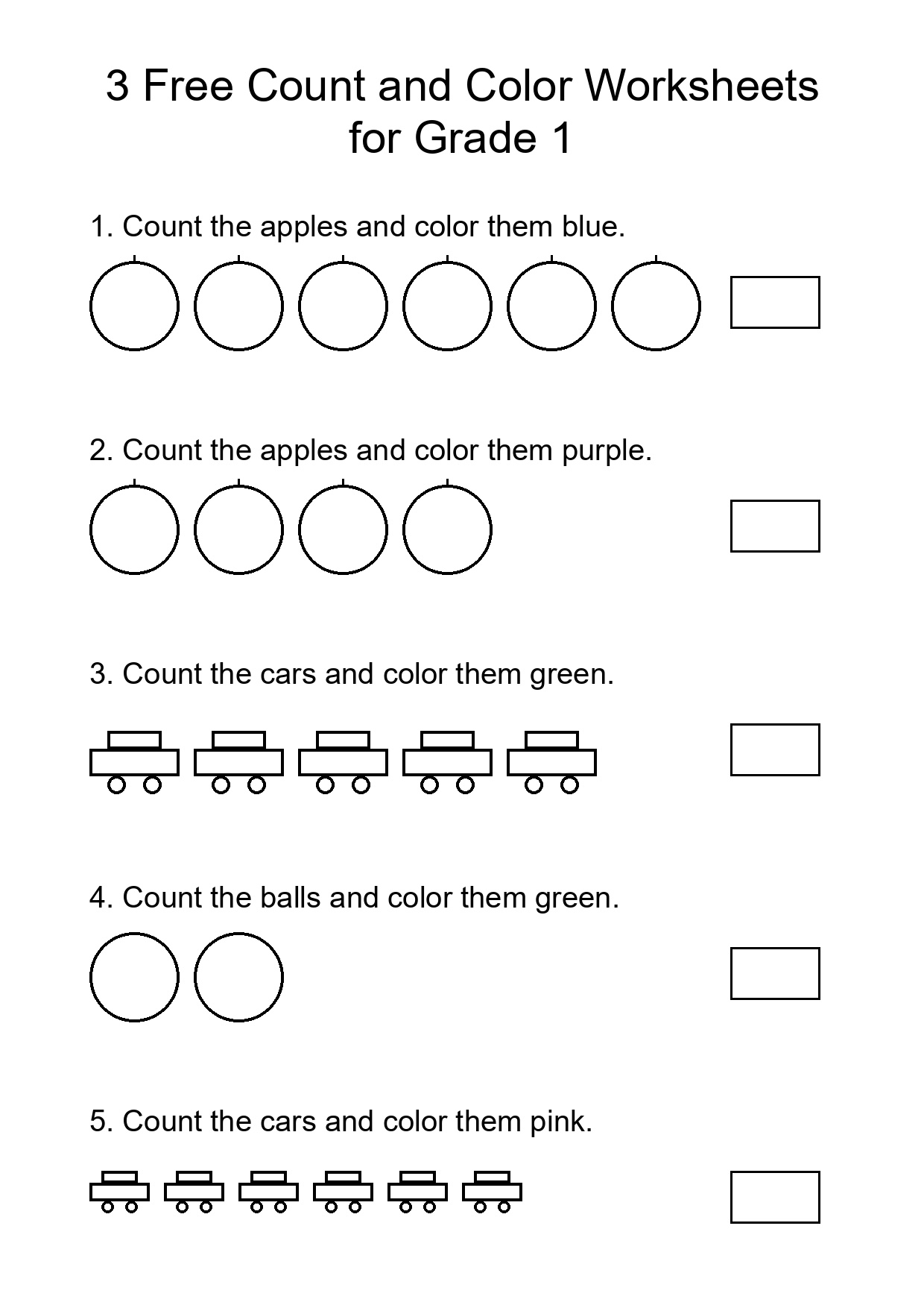 3 Free Count and Color Worksheets for Grade 1