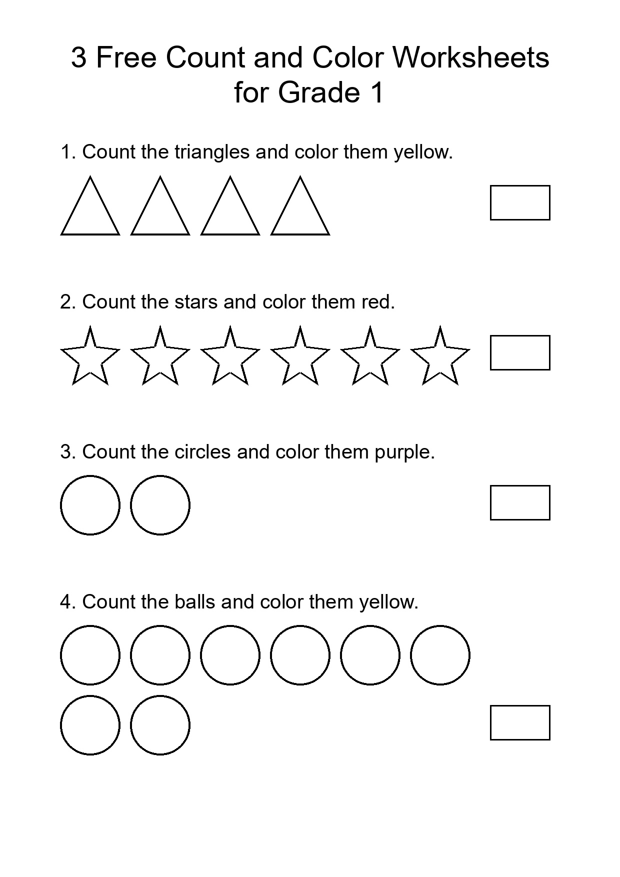 3 Free Count and Color Worksheets for Grade 1