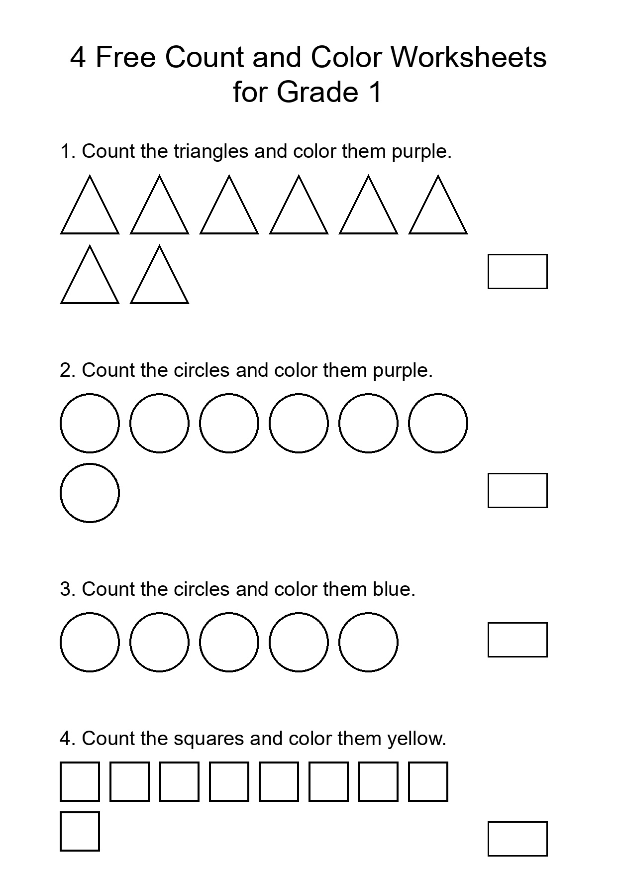 4 Free Count and Color Worksheets for Grade 1