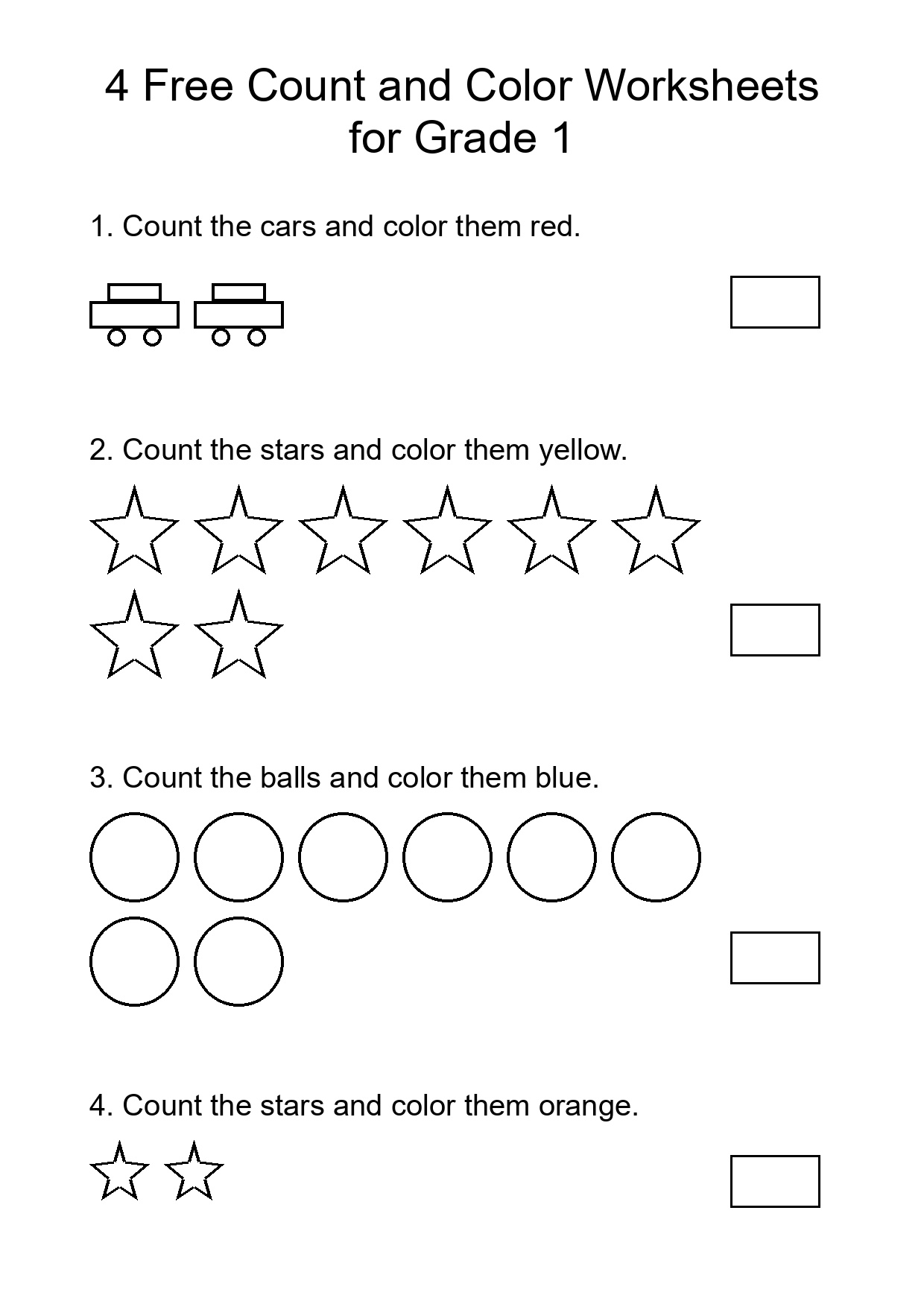 4 Free Count and Color Worksheets for Grade 1