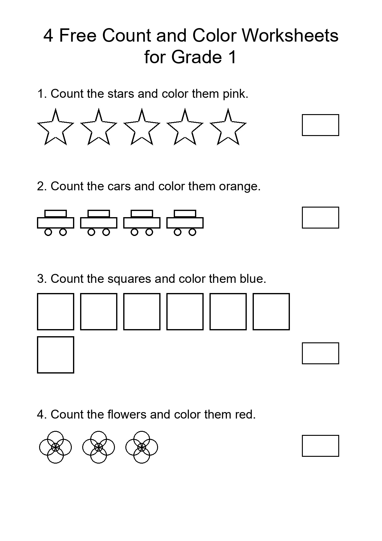 4 Free Count and Color Worksheets for Grade 1