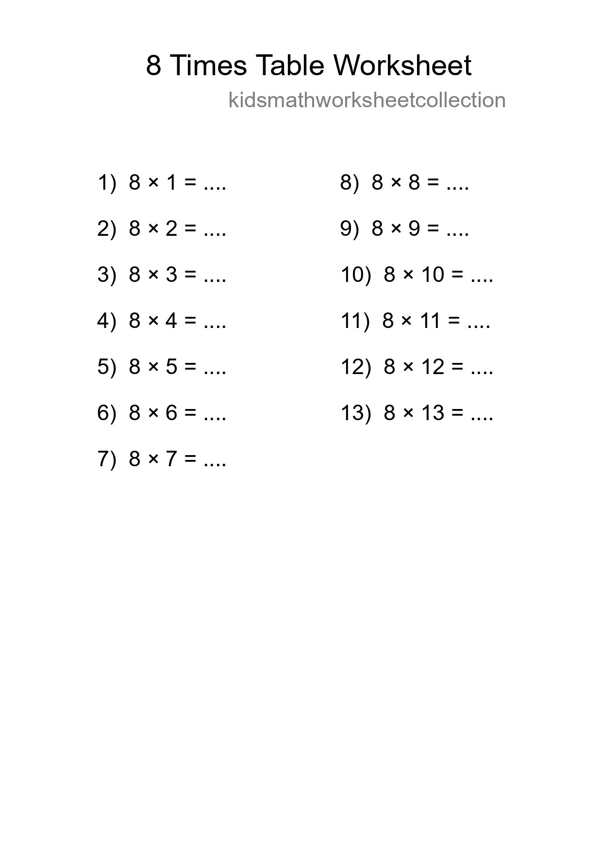 8 Times Table Worksheet For Grade 3 - Part 240