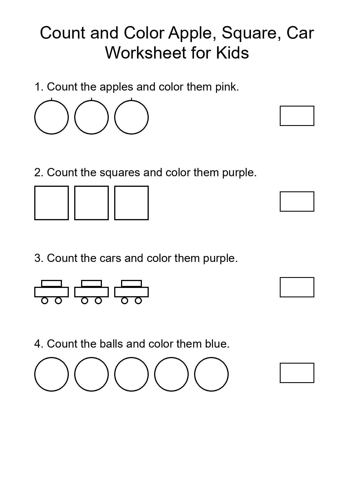 Count and Color Apple, Square, Car Worksheet for Kids