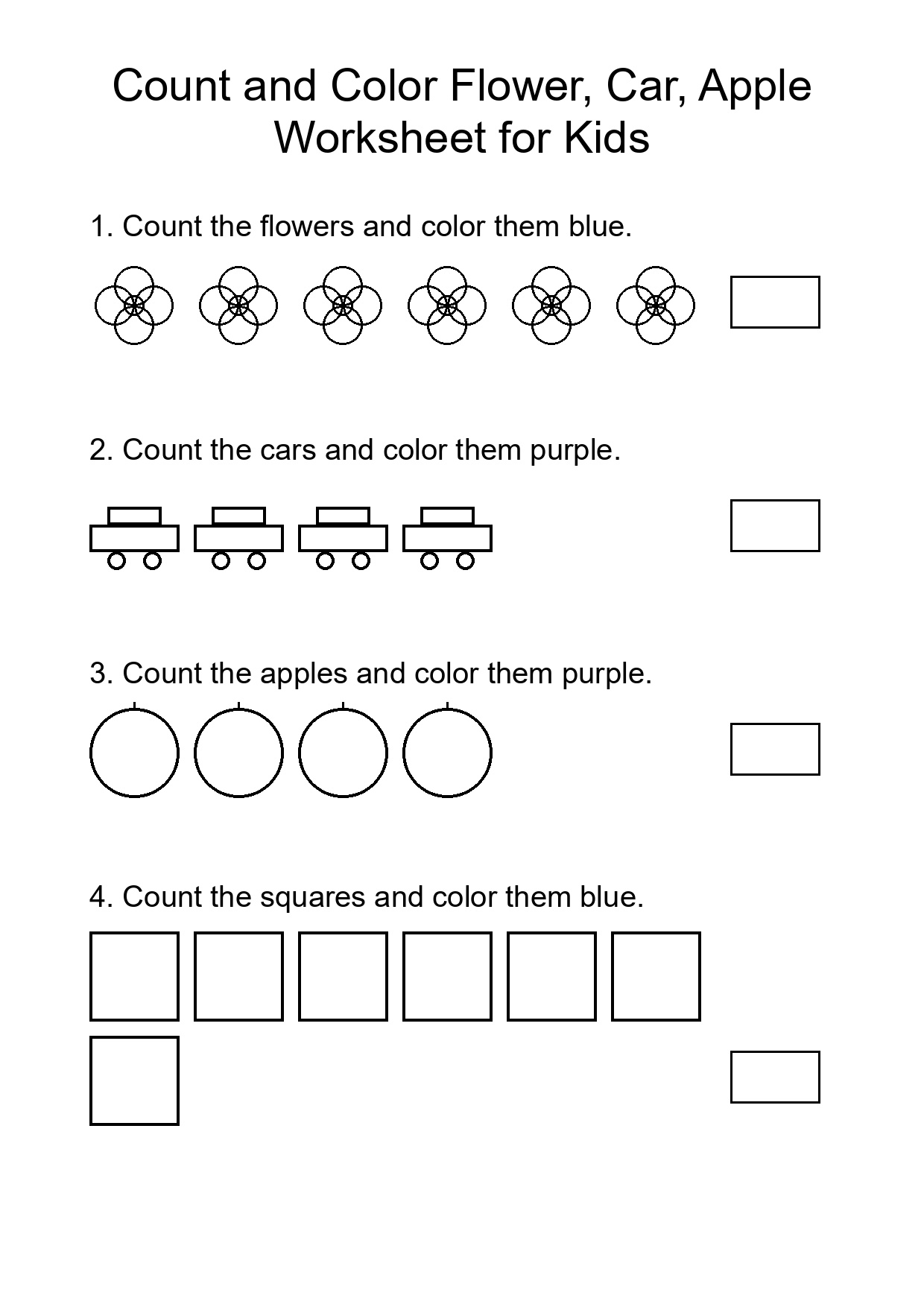 Count and Color Flower, Car, Apple Worksheet for Kids