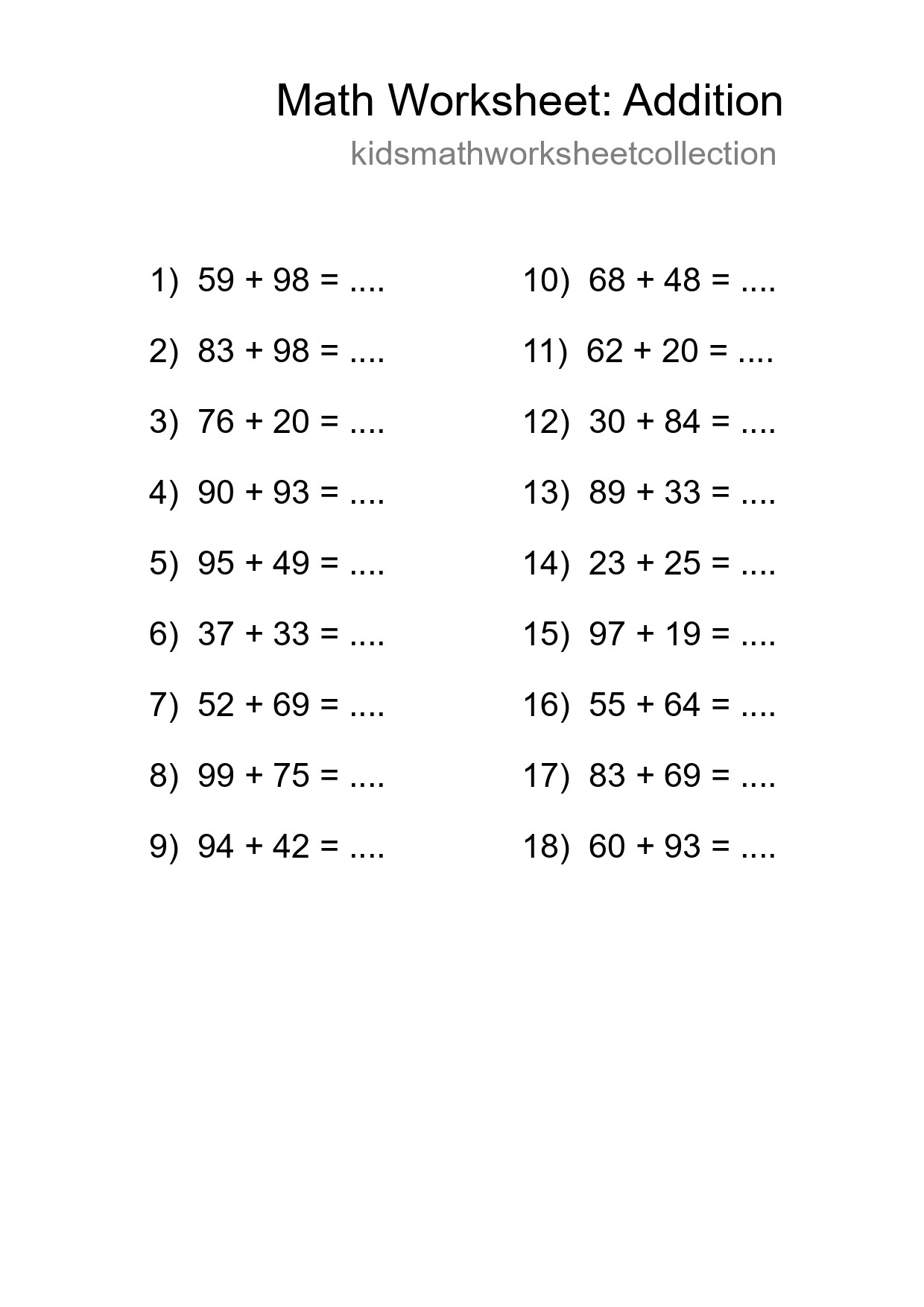 Free 18 Addition Math Worksheet For Grade 3 With Answers