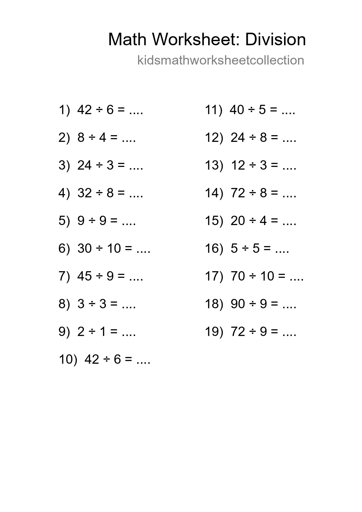 Free 19 Division Math Worksheet For Grade 1 With Answers - Part 180