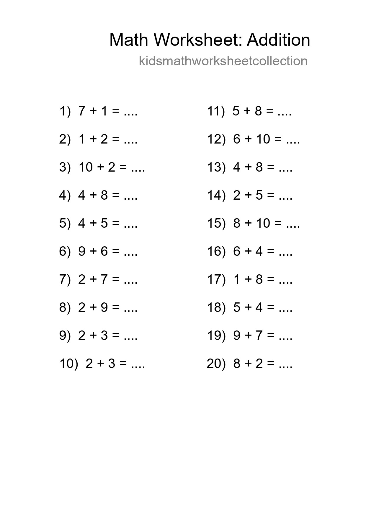 Free 20 Addition Math Worksheet For Grade 1 With Answers - Part 111