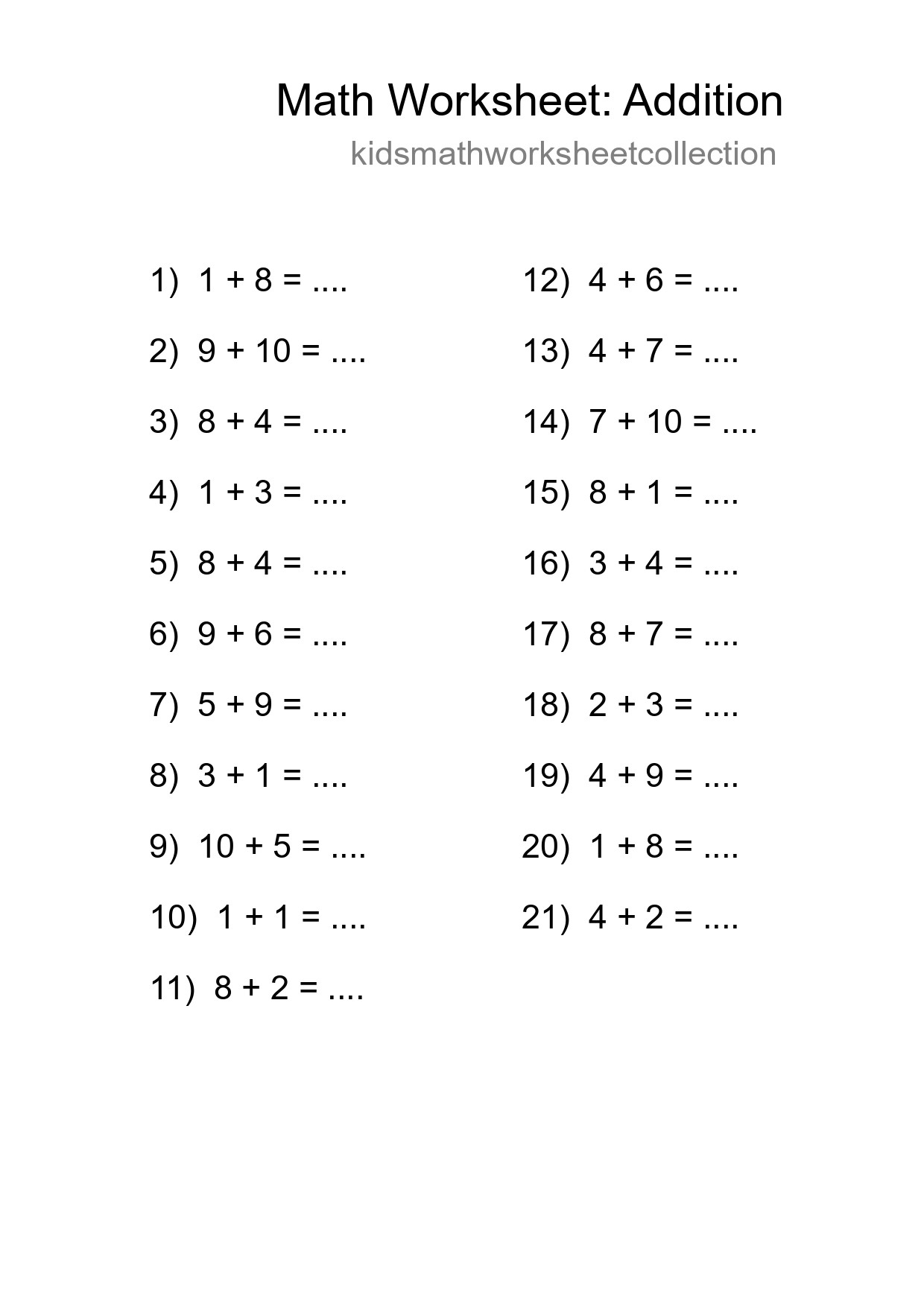 Free 21 Addition Math Worksheet For Grade 1 - Part 265