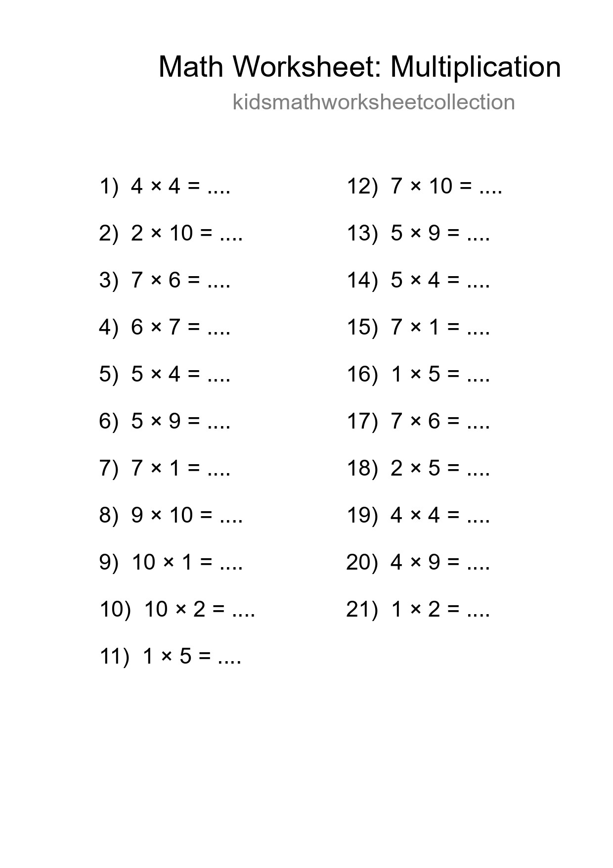 Free 21 Multiplication Math Worksheet For Grade 1 With Answers - Part 150