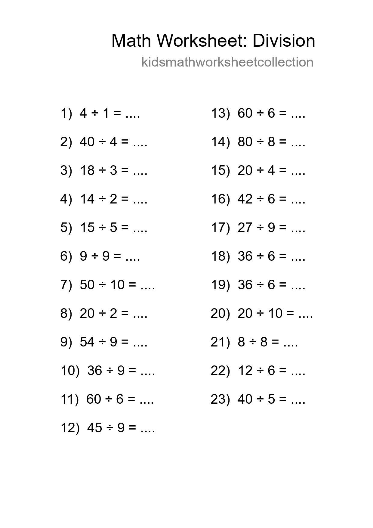 Free 23 Division Math Worksheet For Grade 1 With Answers - Part 48
