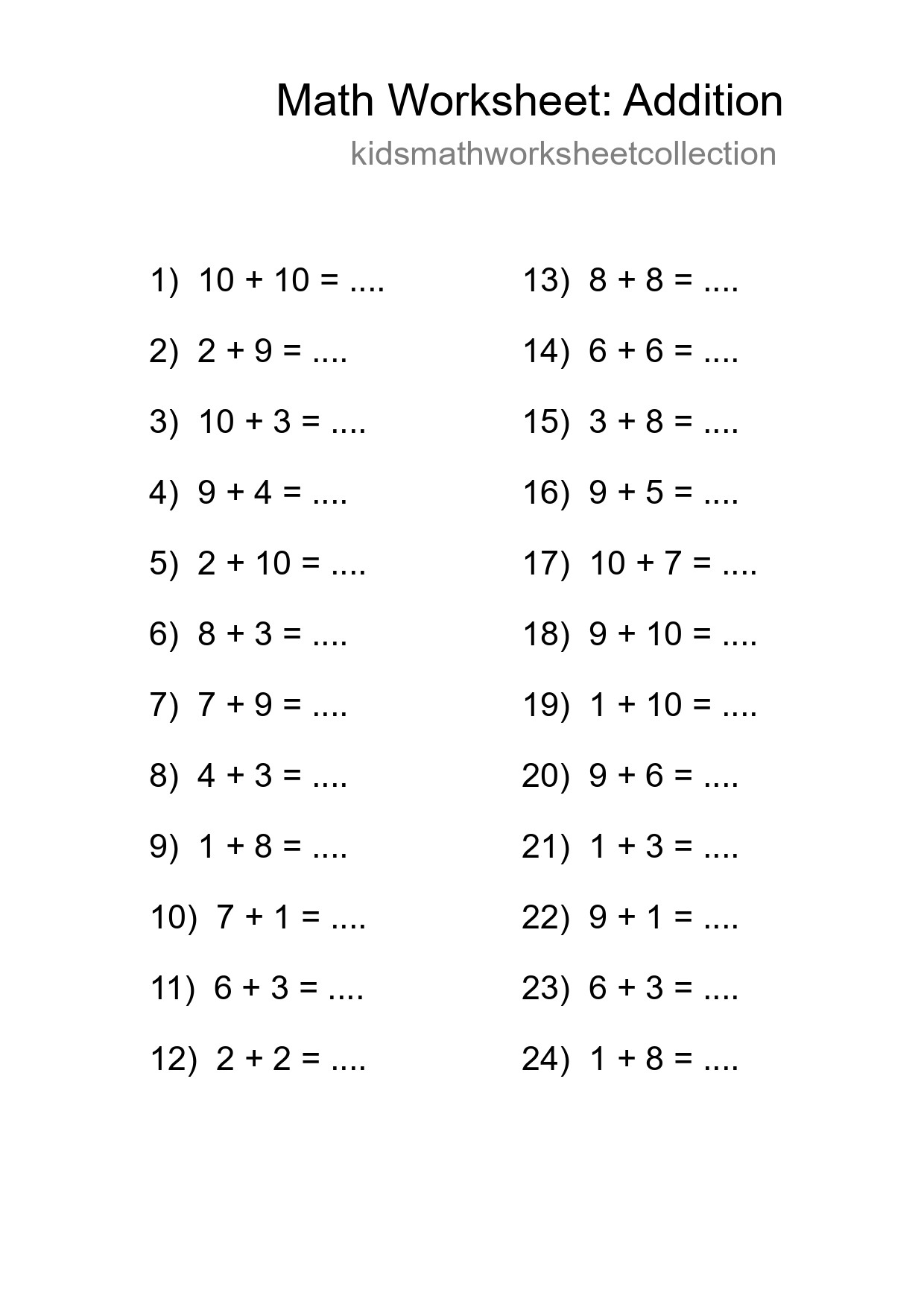 Free 24 Addition Math Worksheet For Grade 1 With Answers - Part 34