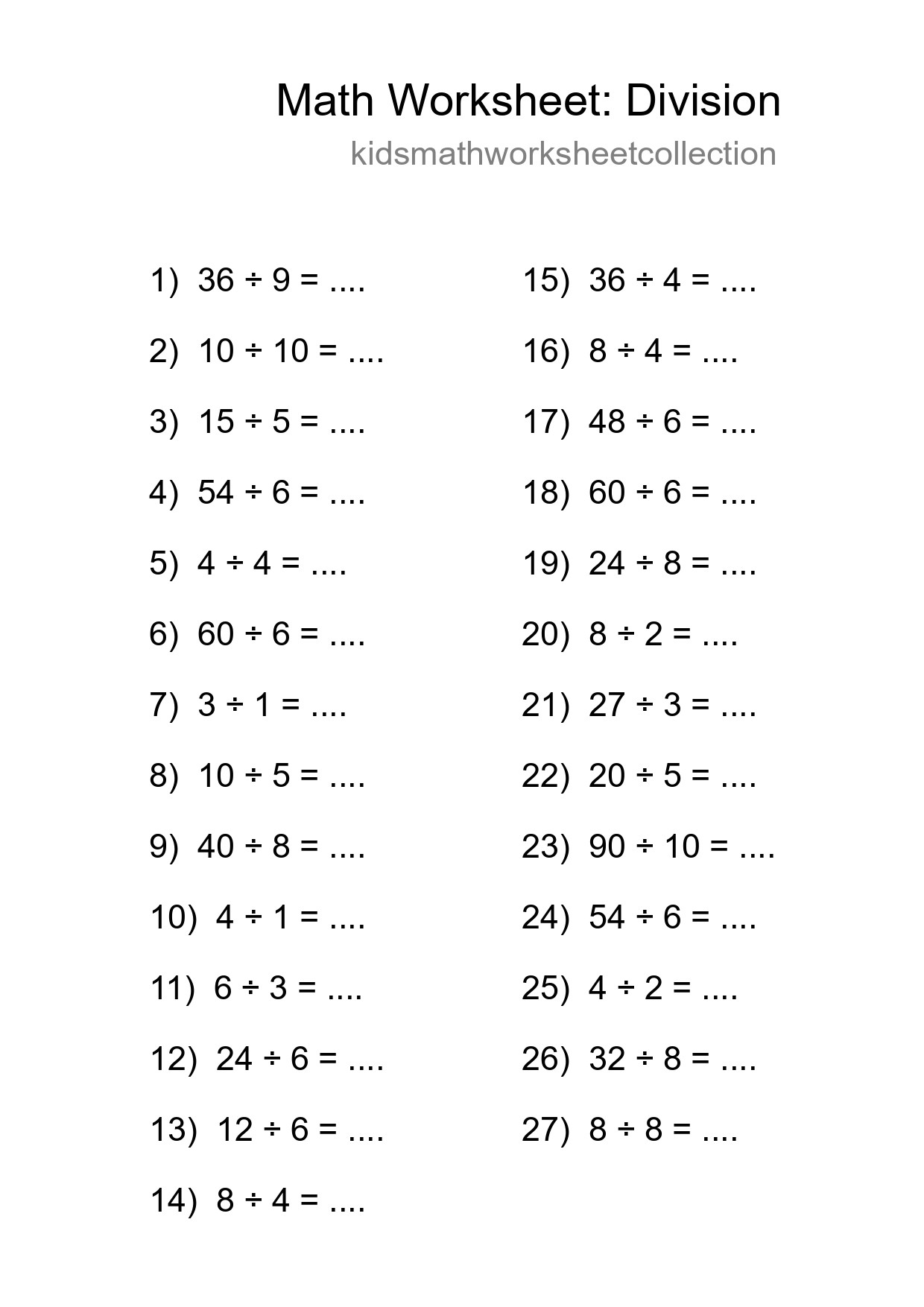 Free 27 Division Math Worksheet For Grade 1 With Answers - Part 125