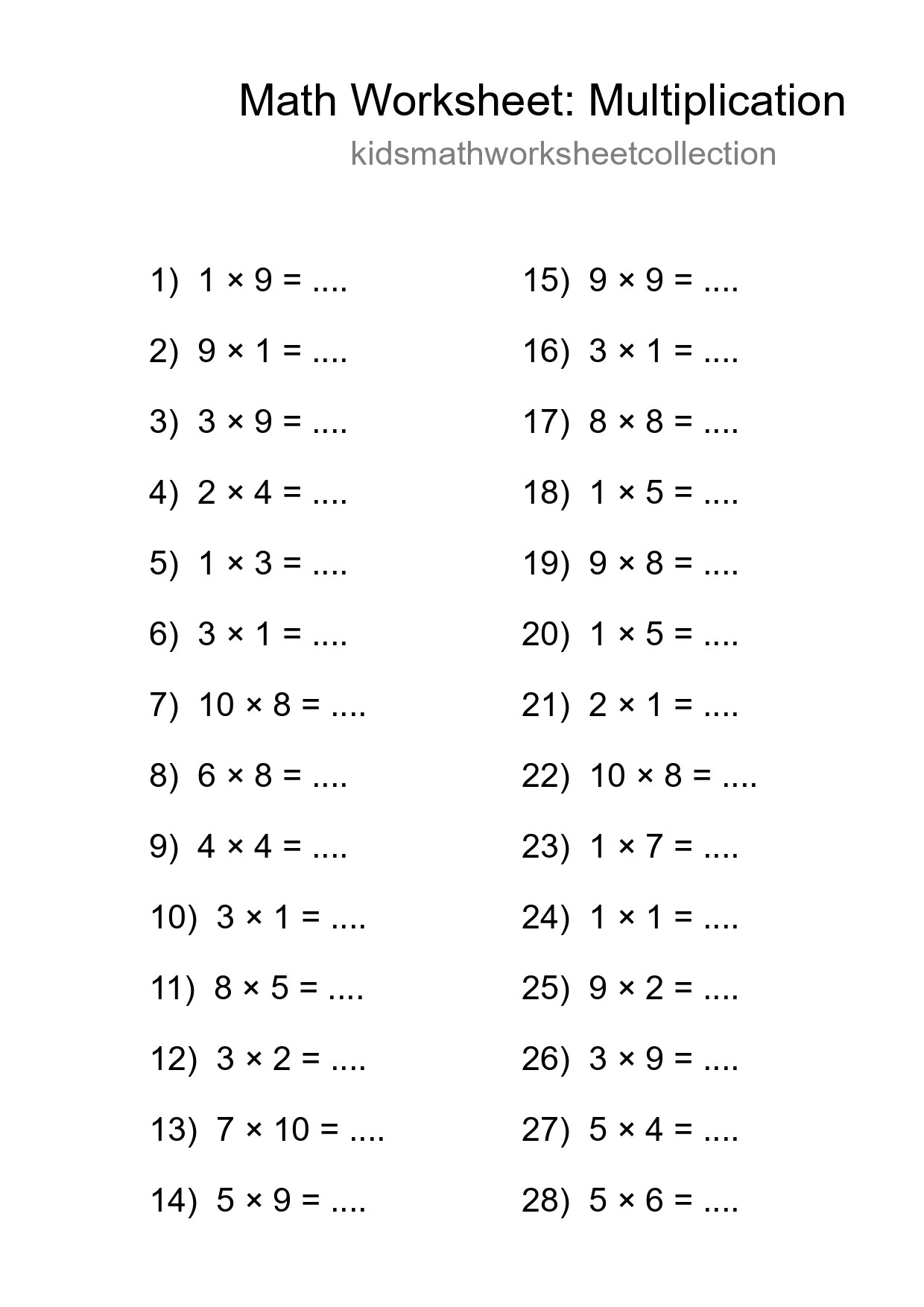 Free 28 Multiplication Math Worksheet For Grade 1 - Part 216