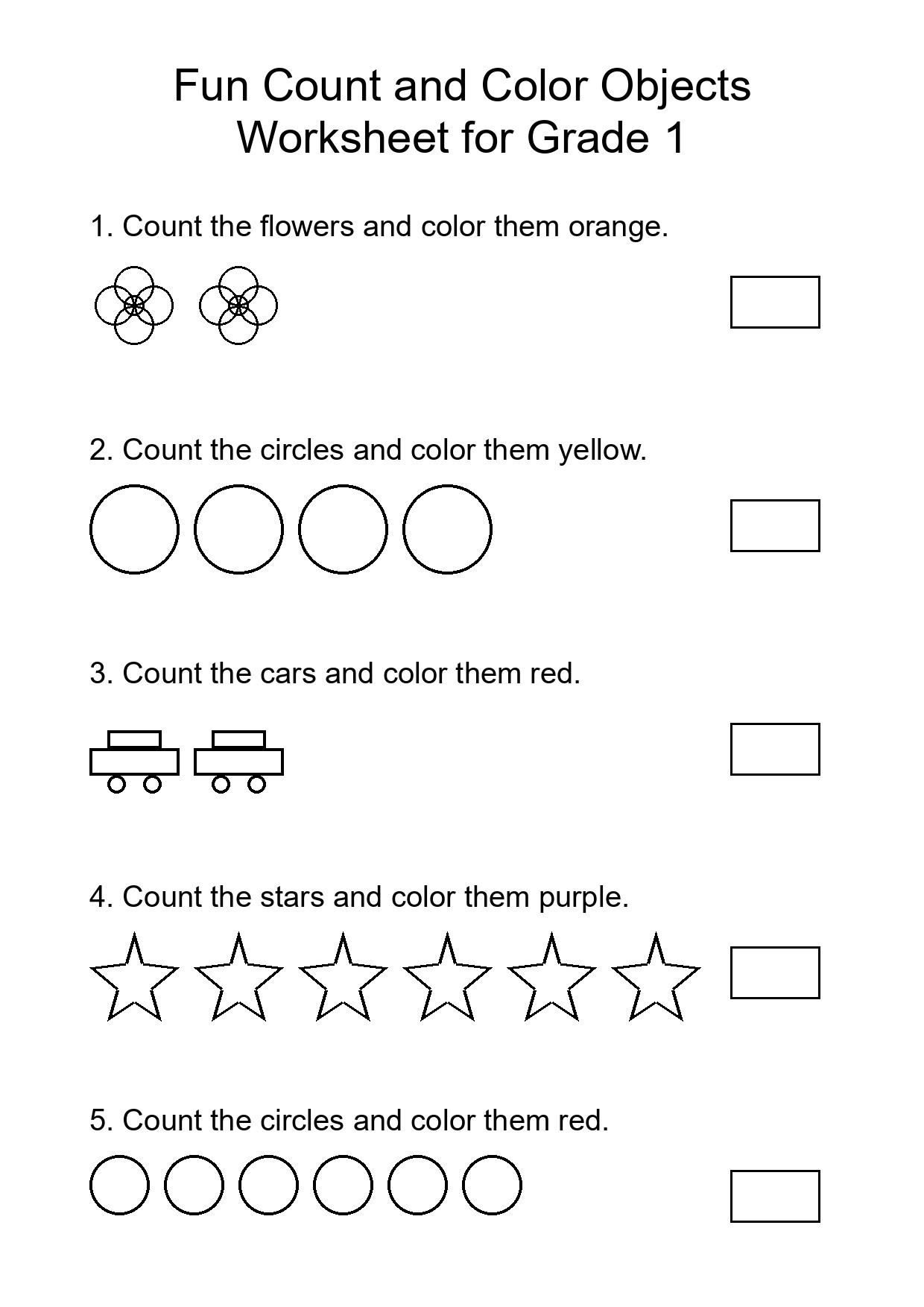 Fun Count and Color Objects Worksheet for Grade 1