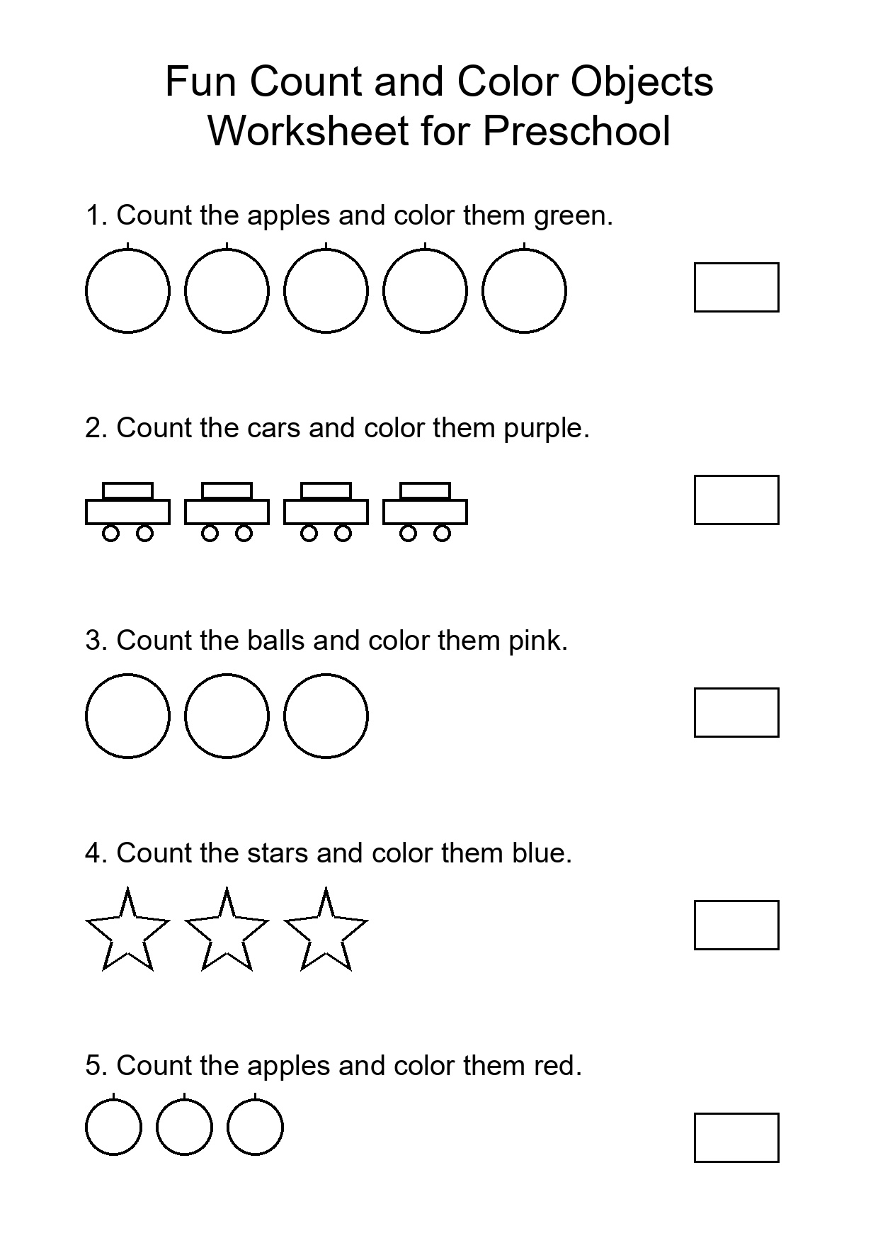 Fun Count and Color Objects Worksheet for Preschool