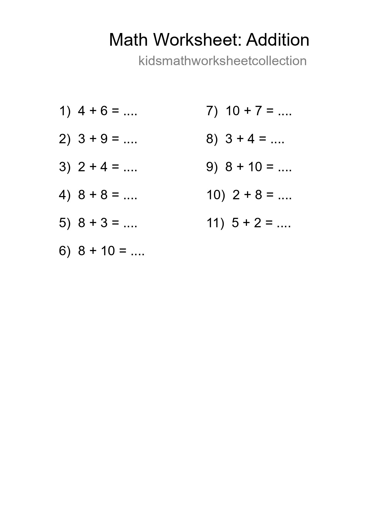 Grade 1 Addition Practice Worksheet (11 Problems) - Part 232