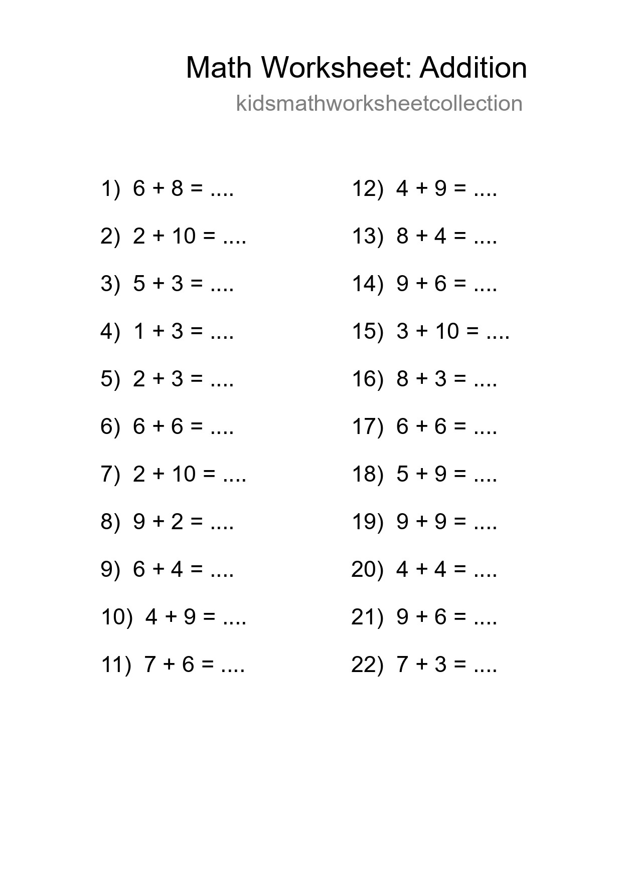 Grade 1 Addition Practice Worksheet (22 Problems) - Part 221