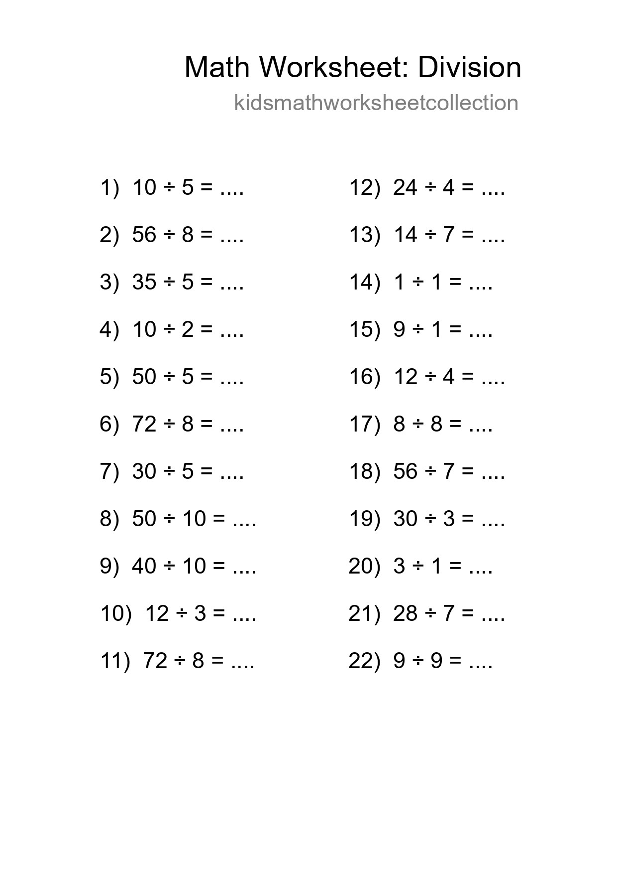 Grade 1 Division Practice Worksheet (22 Problems) - Part 290
