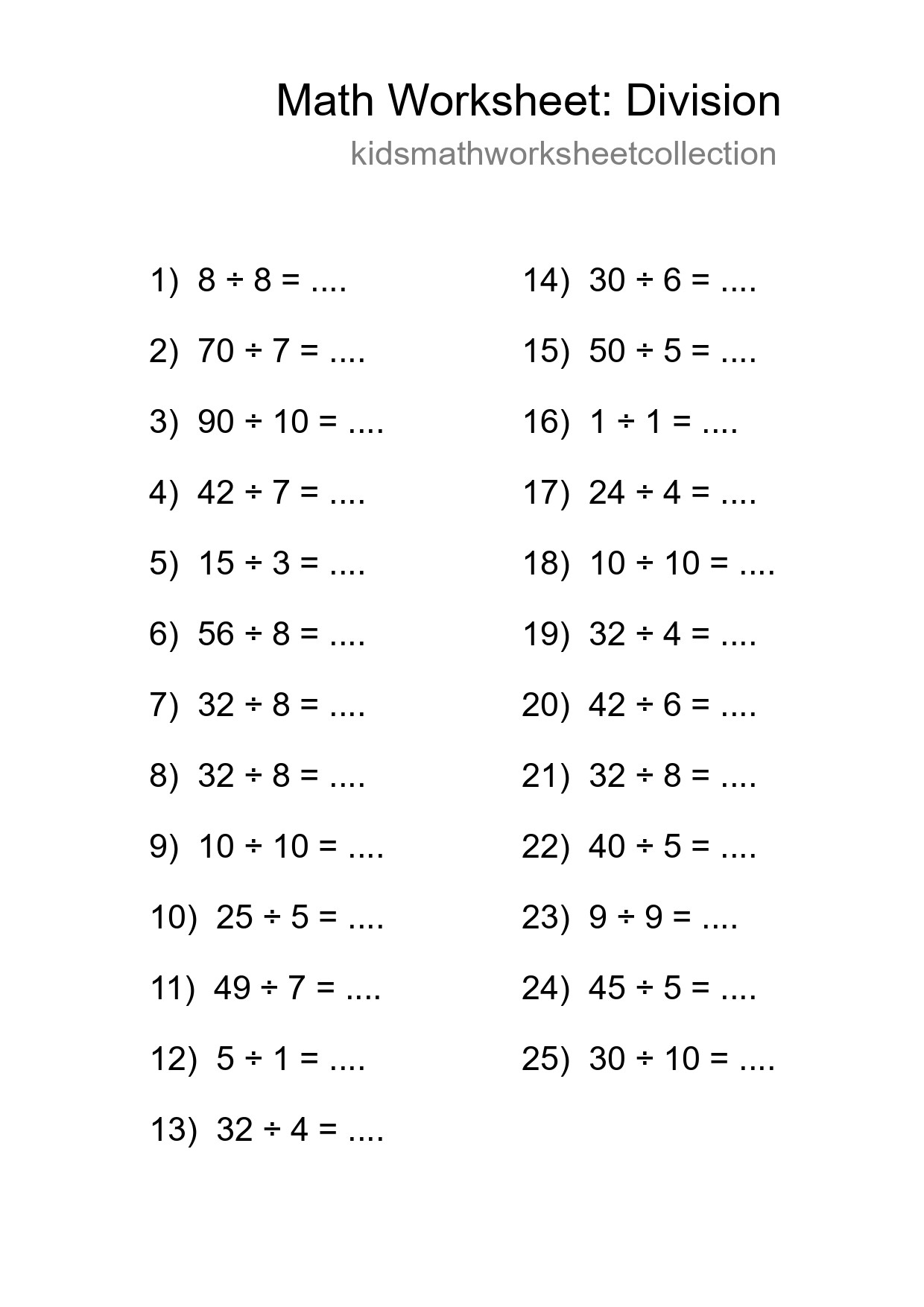 Grade 1 Division Practice Worksheet (25 Problems) - Part 81