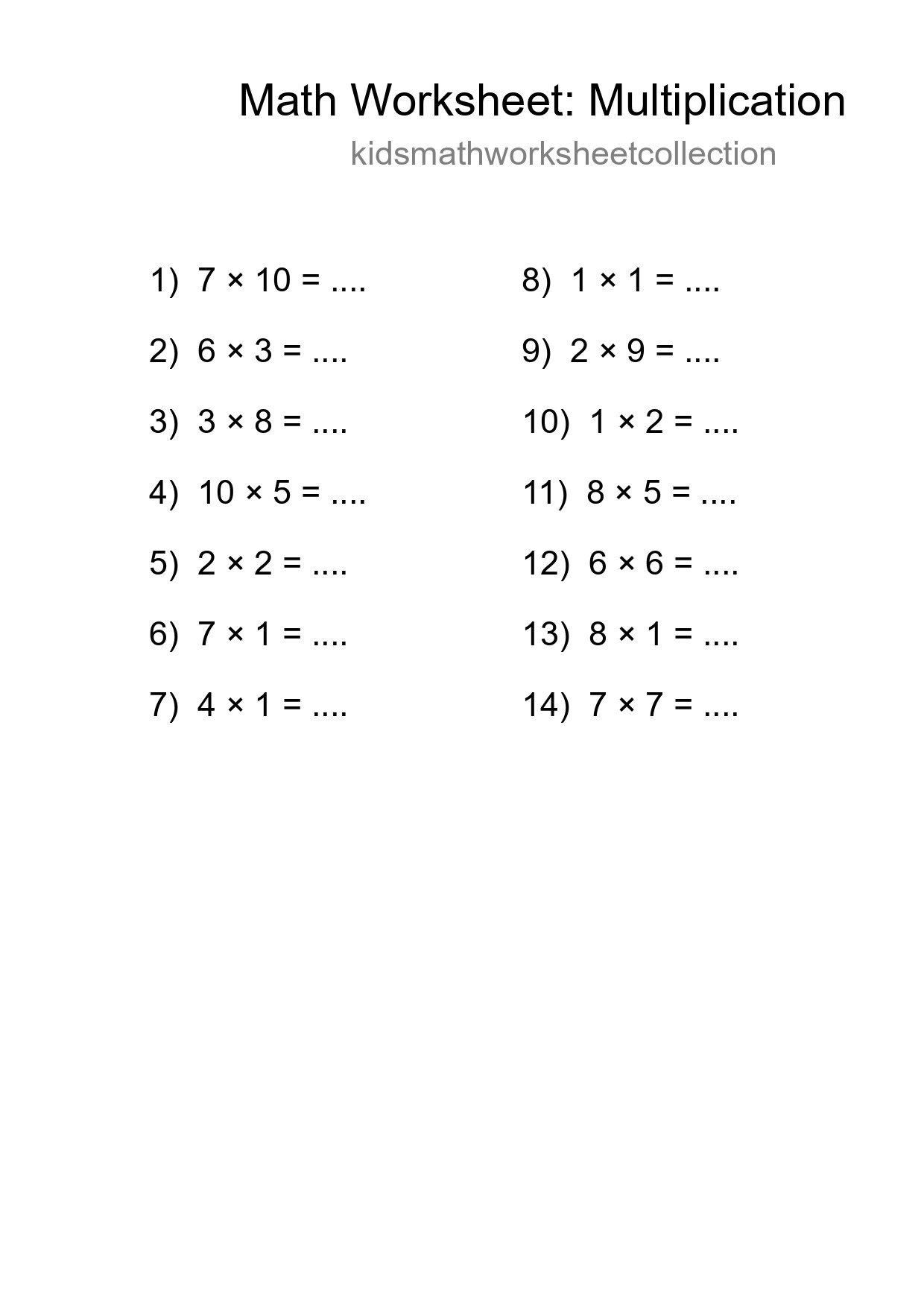 Grade 1 Multiplication Practice Worksheet (14 Problems) - Part 227