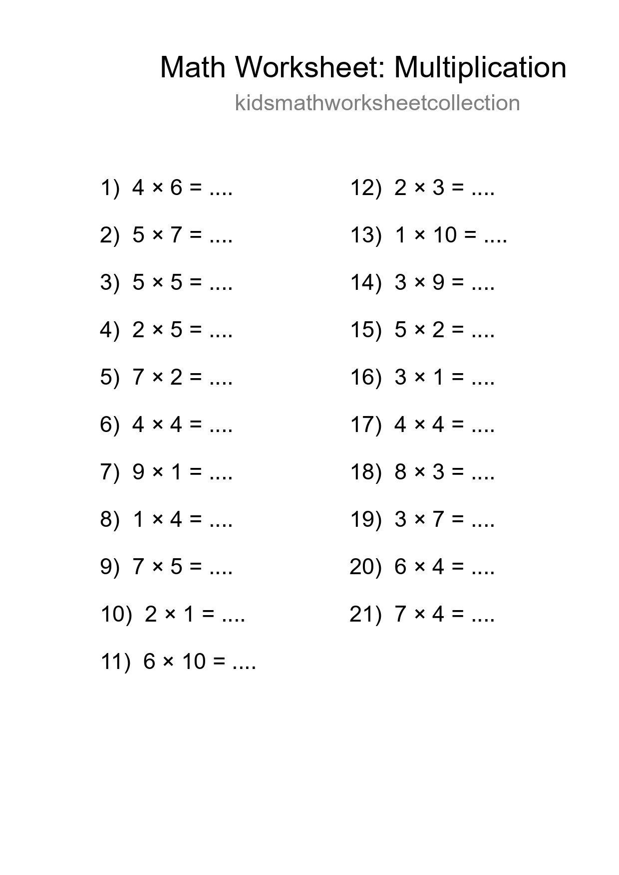 Grade 1 Multiplication Practice Worksheet (21 Problems) - Part 7