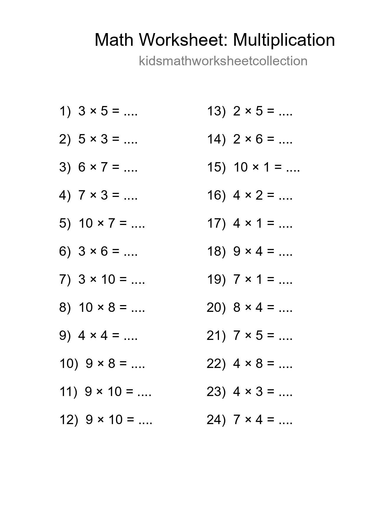 Grade 1 Multiplication Practice Worksheet (24 Problems) - Part 172