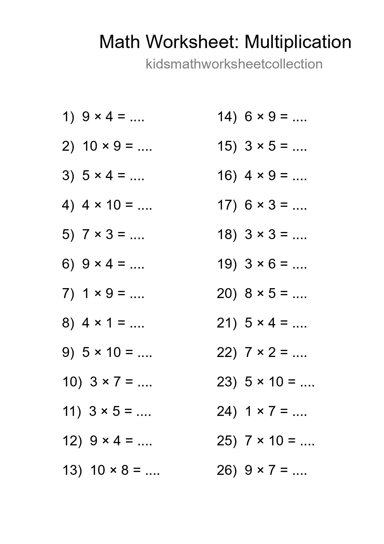 Grade 1 Multiplication Practice Worksheet (26 Problems) - Part 238