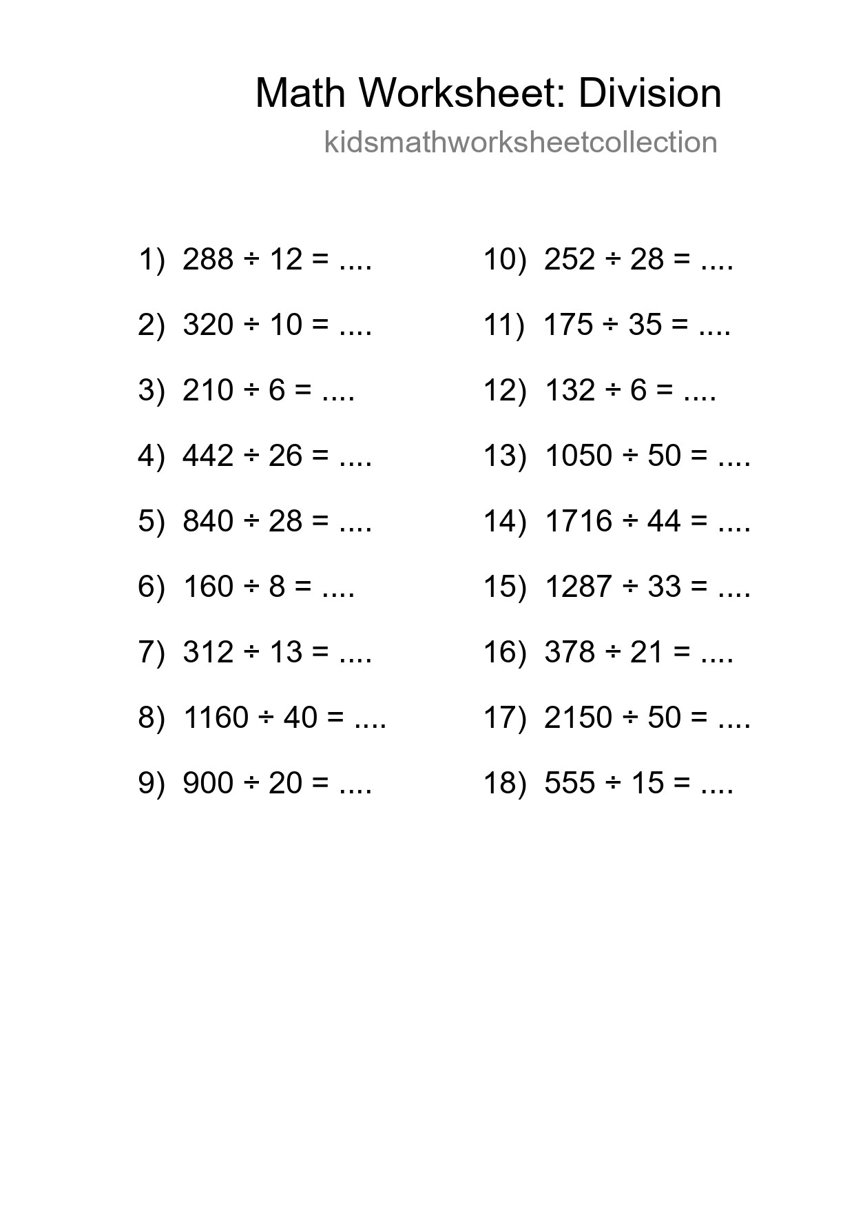 Grade 2 Division Practice Worksheet (18 Problems) - Part 59