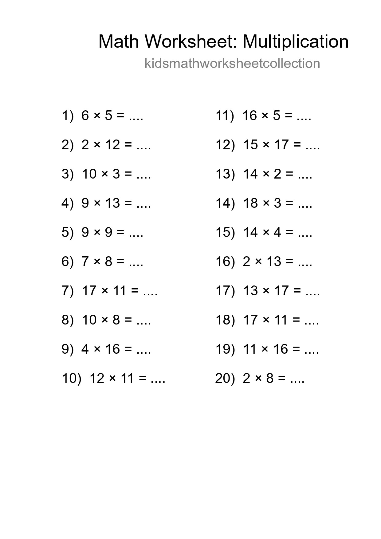 Grade 2 Multiplication Practice Worksheet (20 Problems) - Part 29