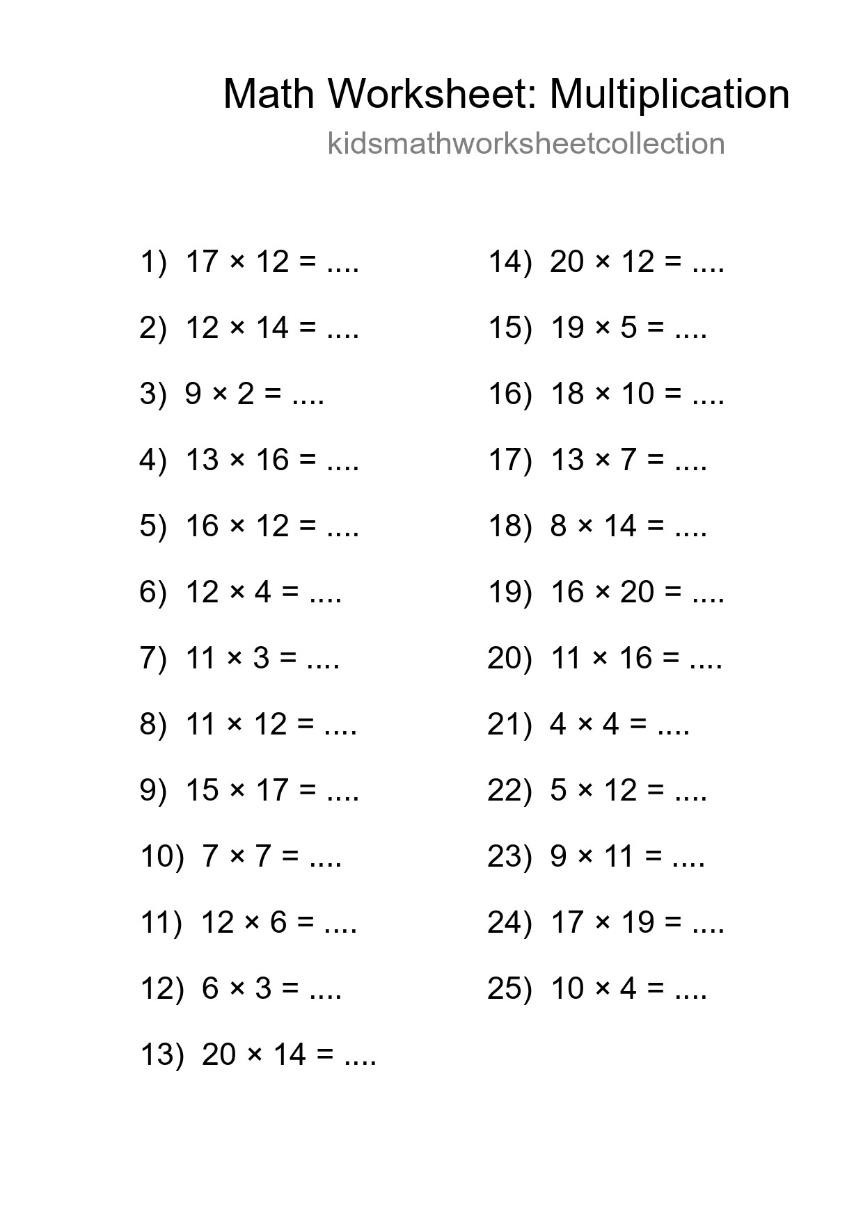 Grade 2 Multiplication Practice Worksheet (25 Problems) - Part 106