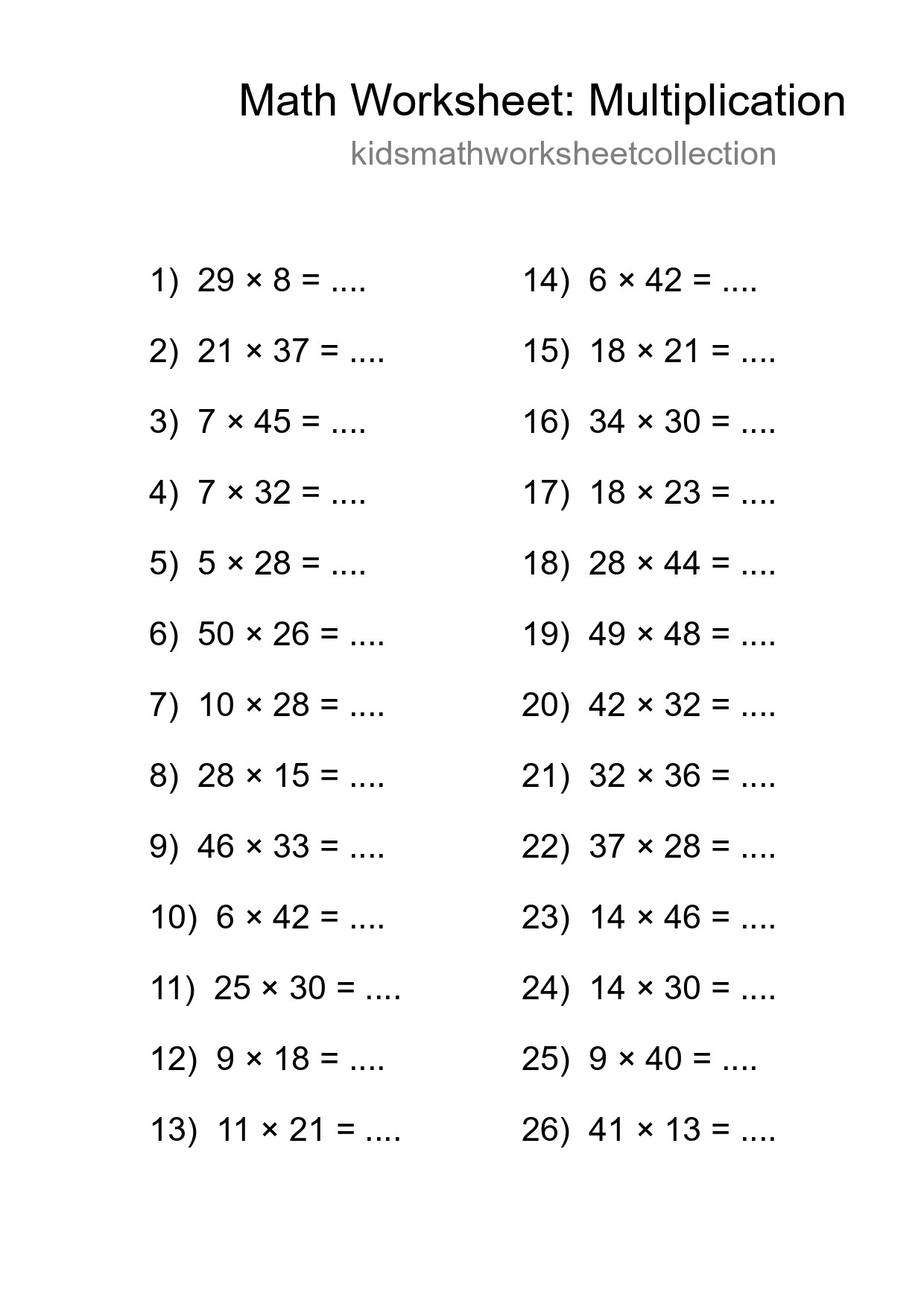 Grade 2 Multiplication Practice Worksheet (26 Problems) - Part 271