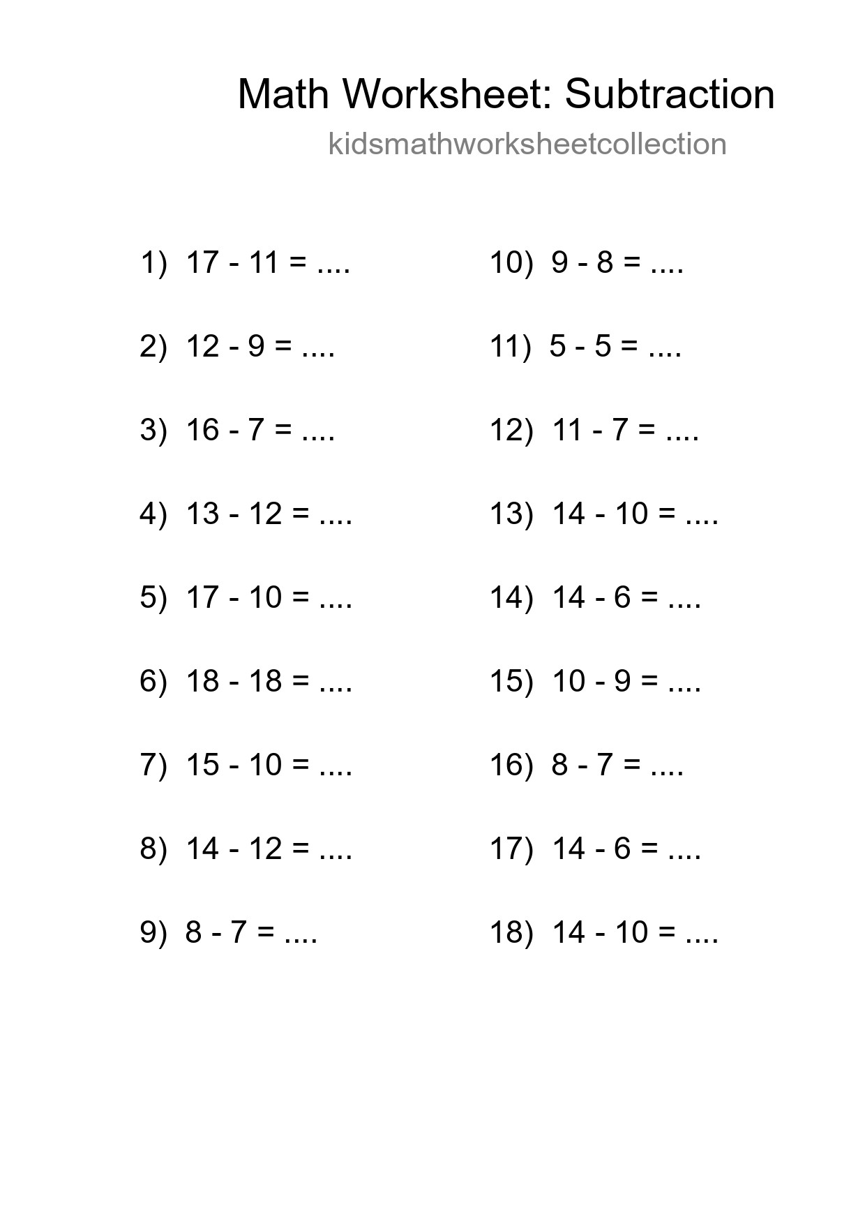 Grade 2 Subtraction Practice Worksheet (18 Problems) - Part 85