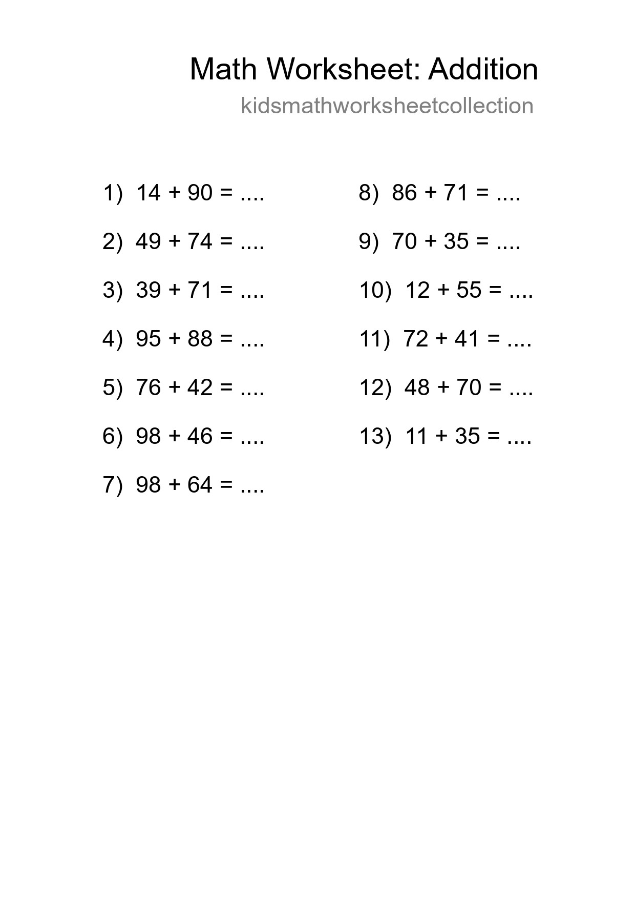 Grade 3 Addition Practice Worksheet (13 Problems) - Part 89