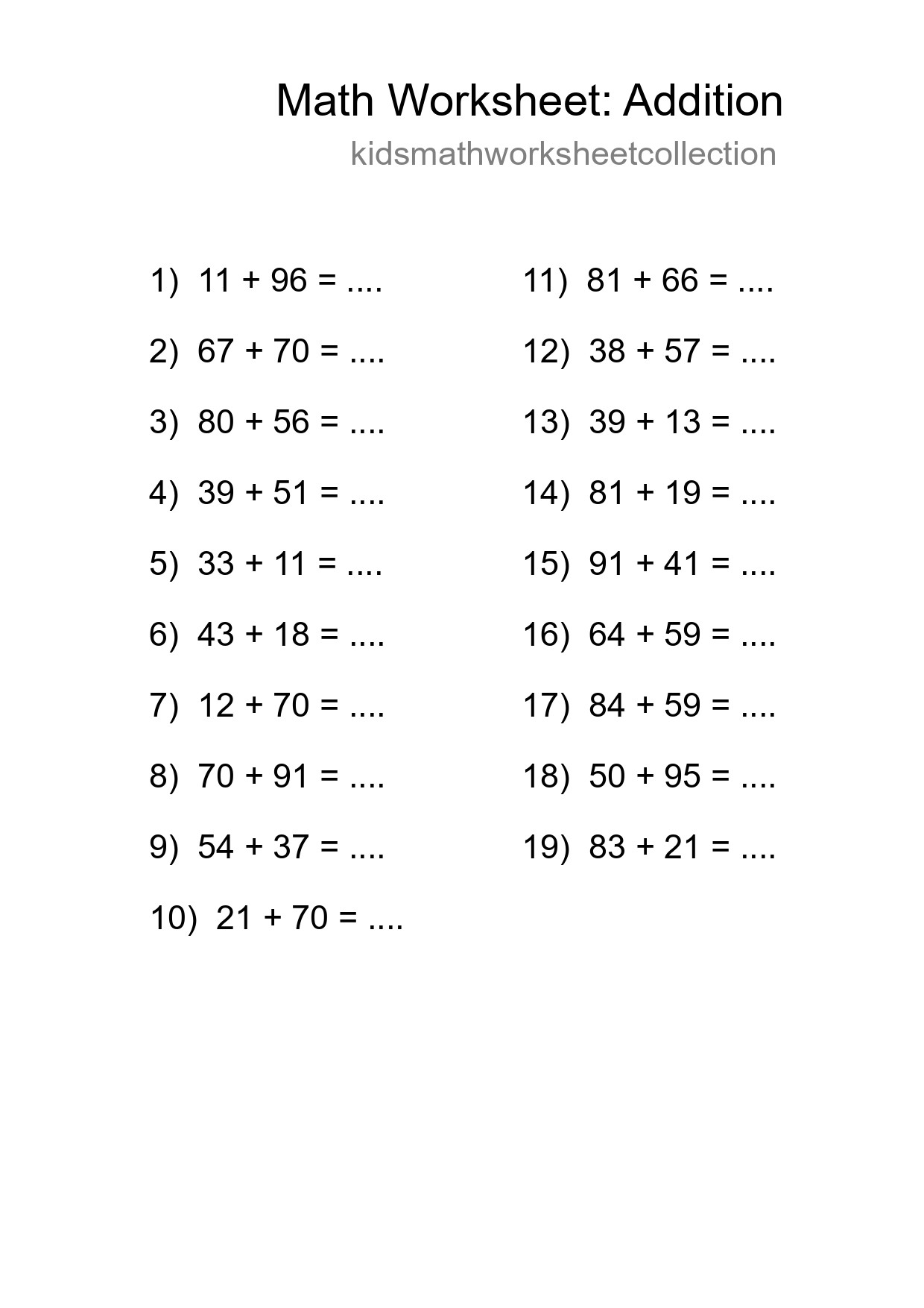 Grade 3 Addition Practice Worksheet (19 Problems) - Part 210