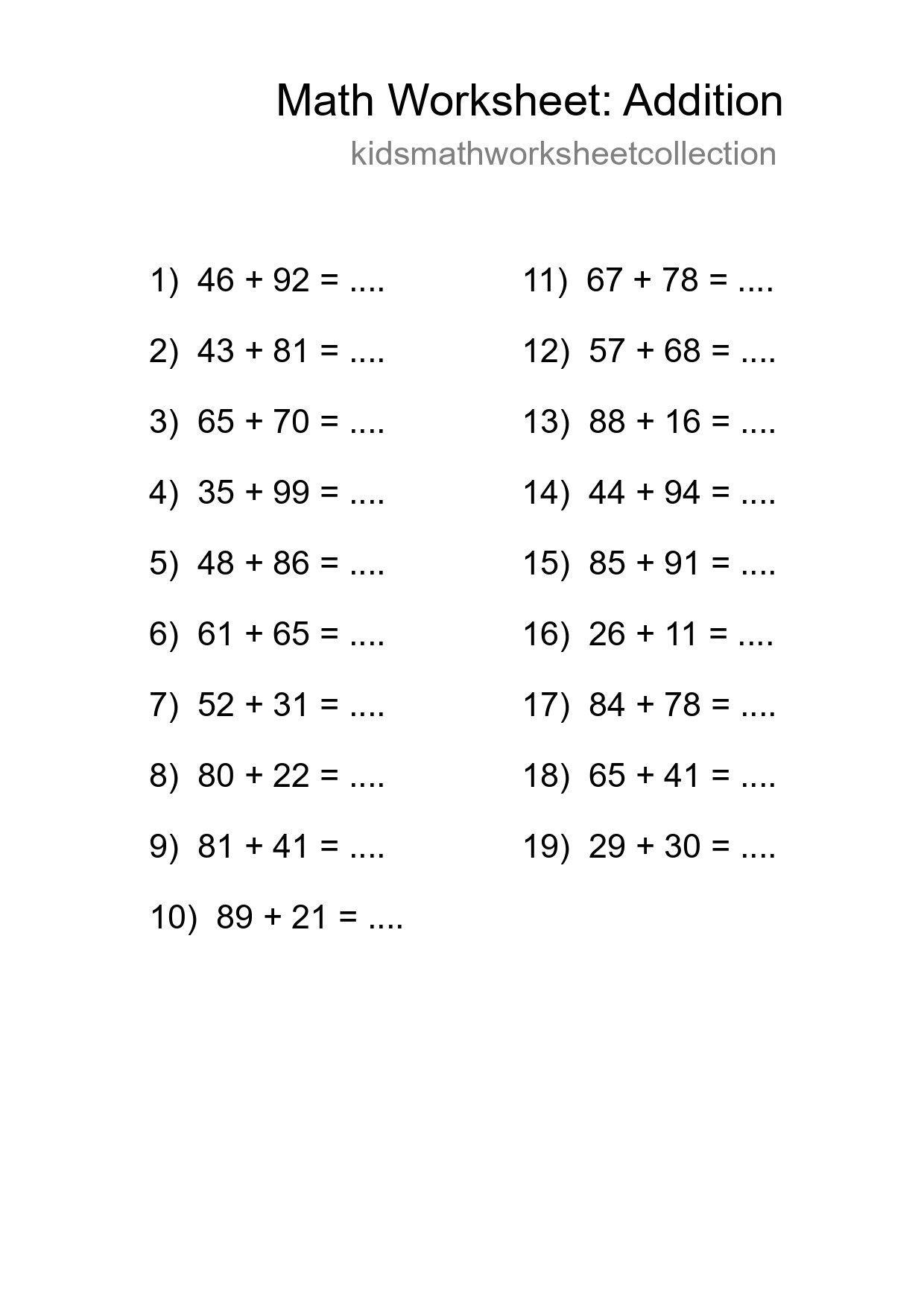 Grade 3 Addition Practice Worksheet (19 Problems) - Part 56