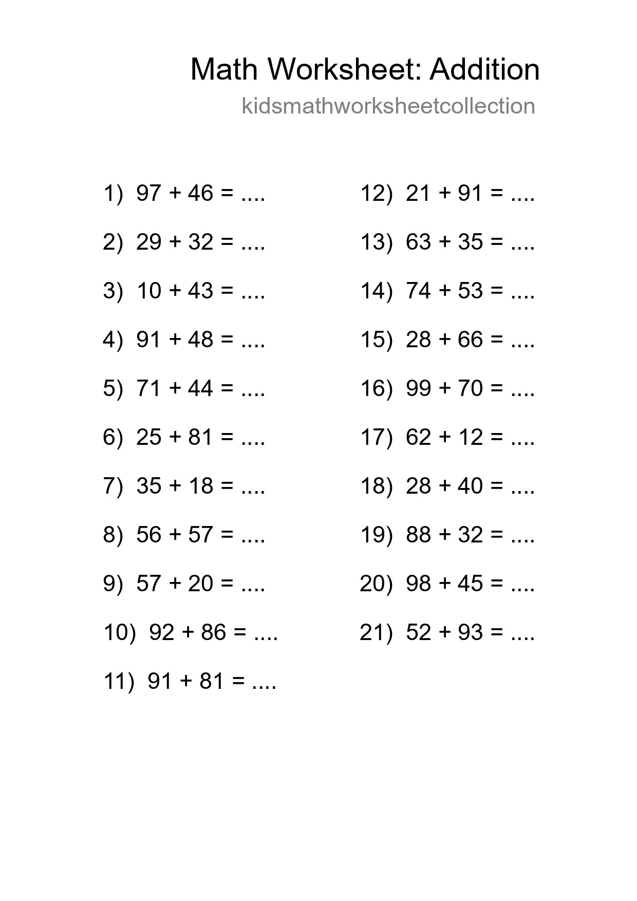 Grade 3 Addition Practice Worksheet (21 Problems) - Part 45