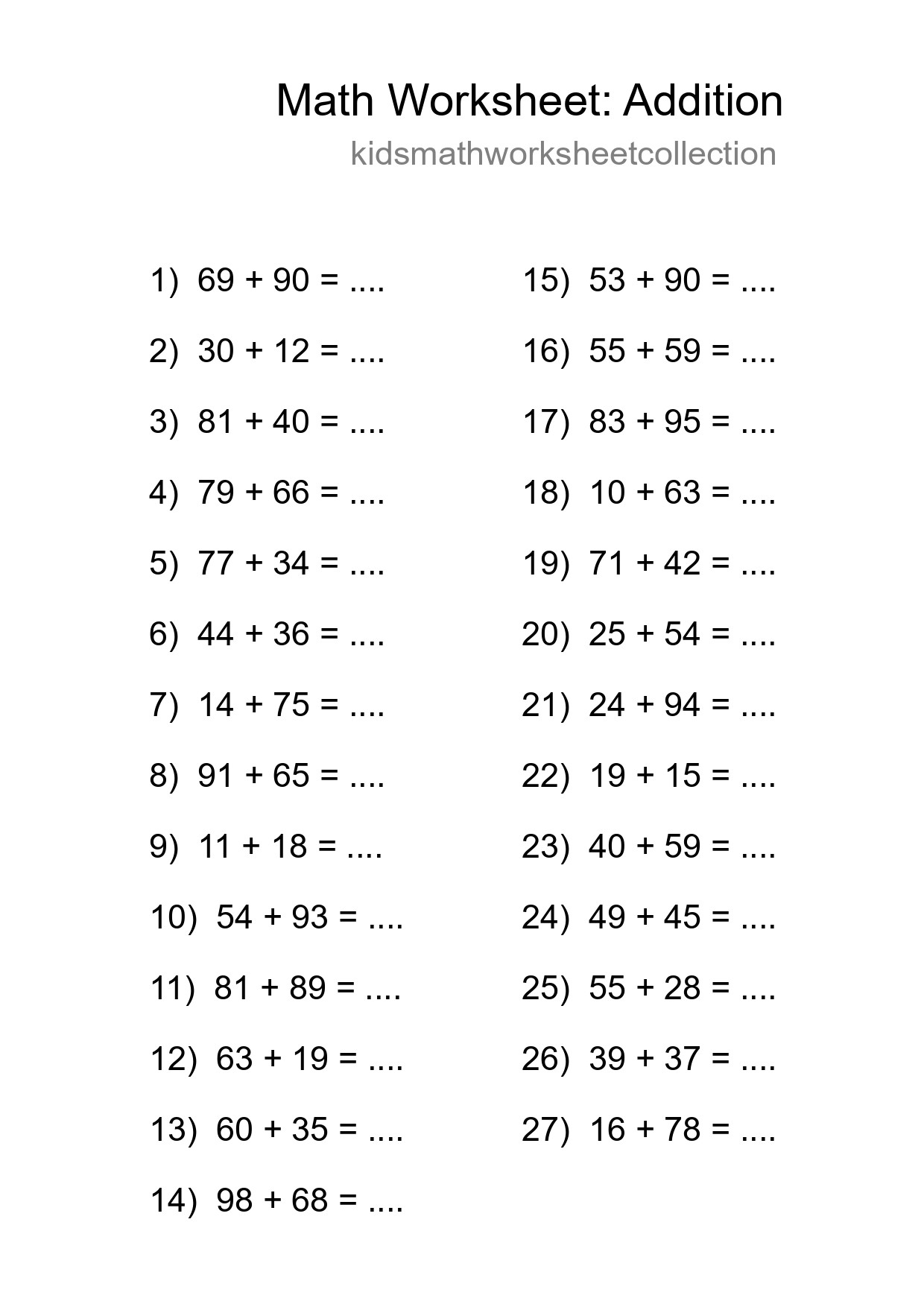 Grade 3 Addition Practice Worksheet (27 Problems) - Part 78