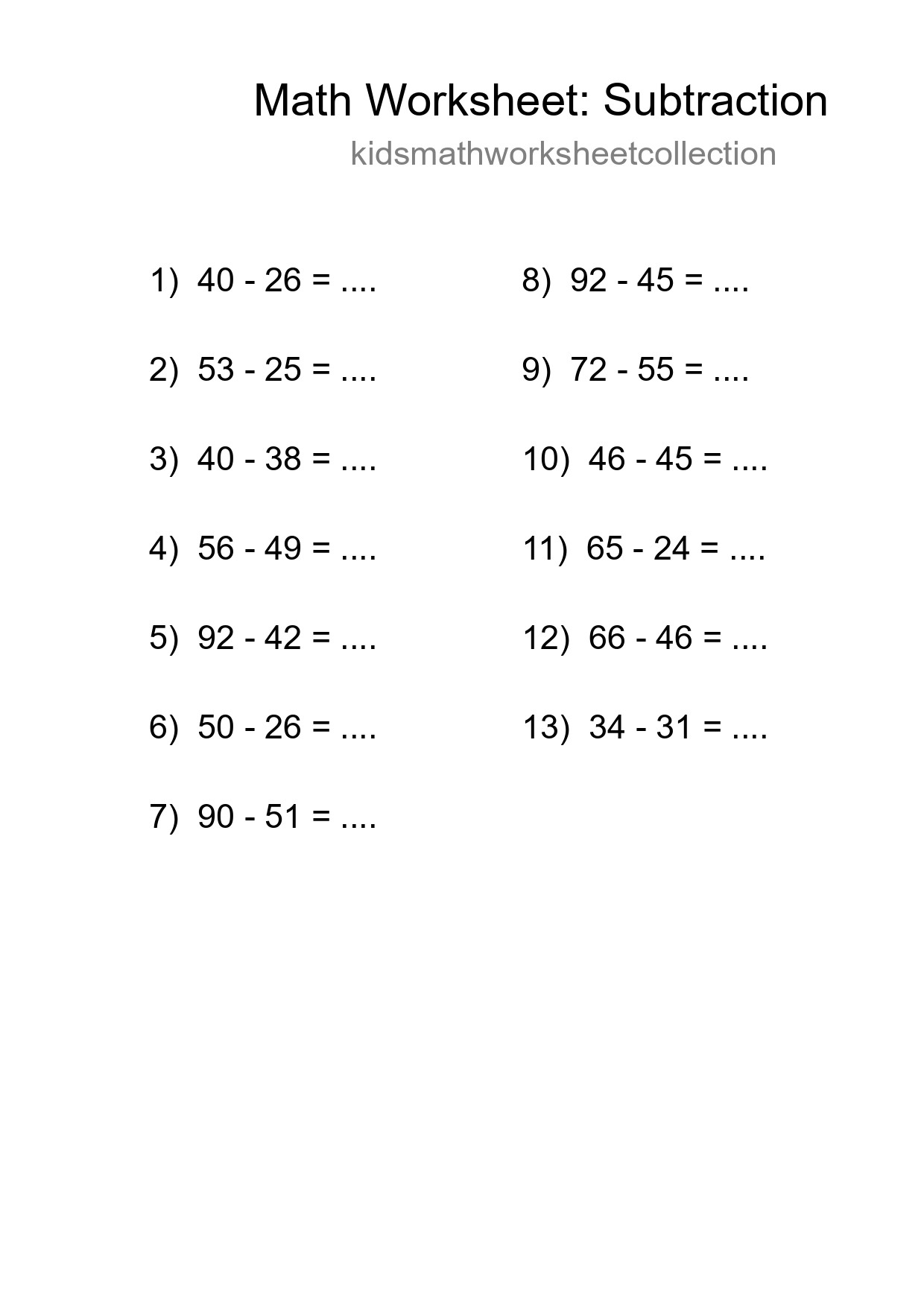 Grade 3 Subtraction Practice Worksheet (13 Problems) - Part 52