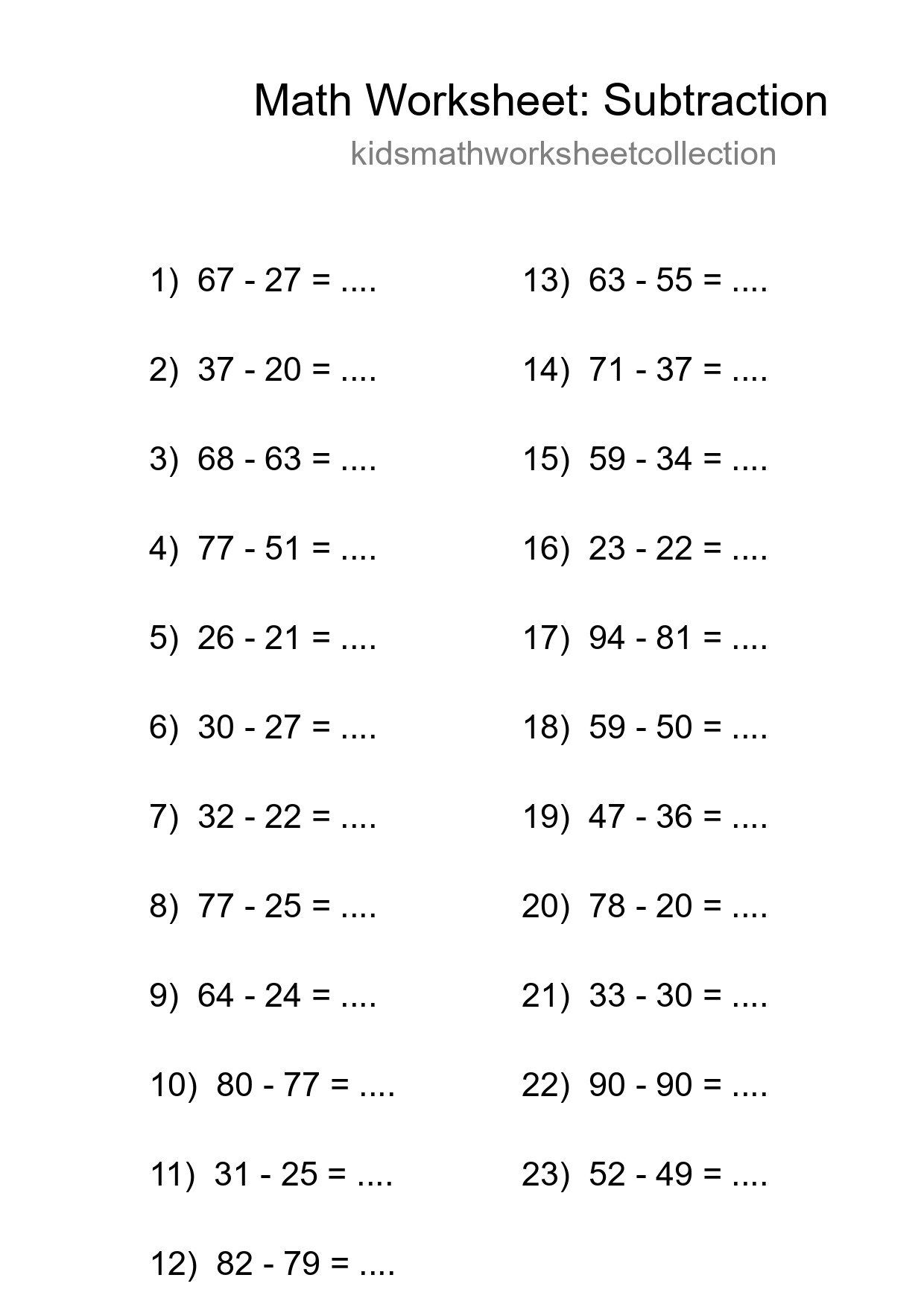 Grade 3 Subtraction Practice Worksheet (23 Problems) - Part 250
