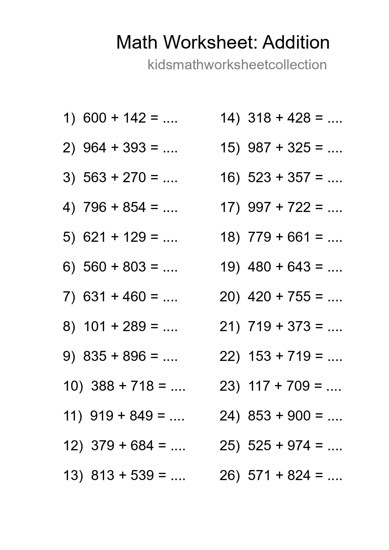 Grade 5 Addition Practice Worksheet (26 Problems) - Part 144