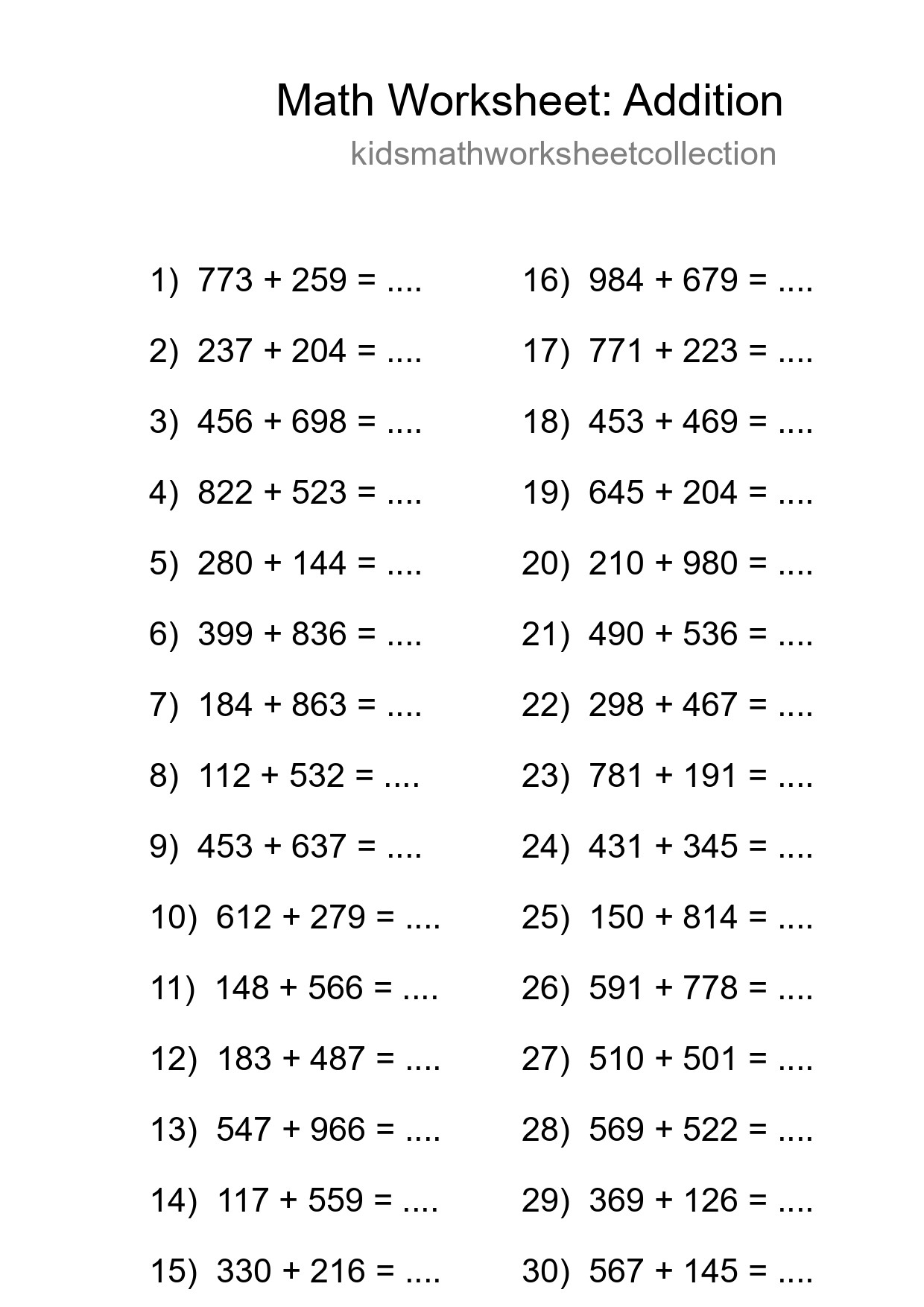 Grade 5 Addition Practice Worksheet (30 Problems) - Part 12