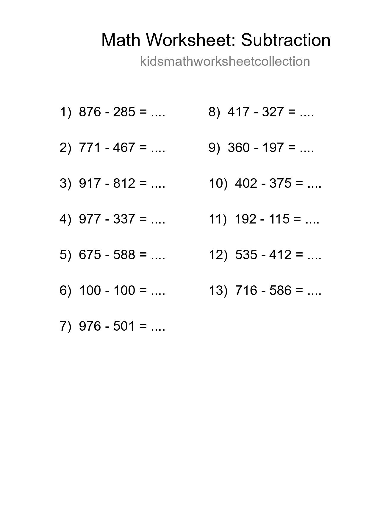 Grade 5 Subtraction Practice Worksheet (13 Problems) - Part 140