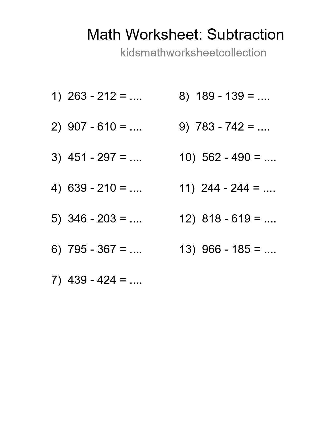 Grade 5 Subtraction Practice Worksheet (13 Problems) - Part 173