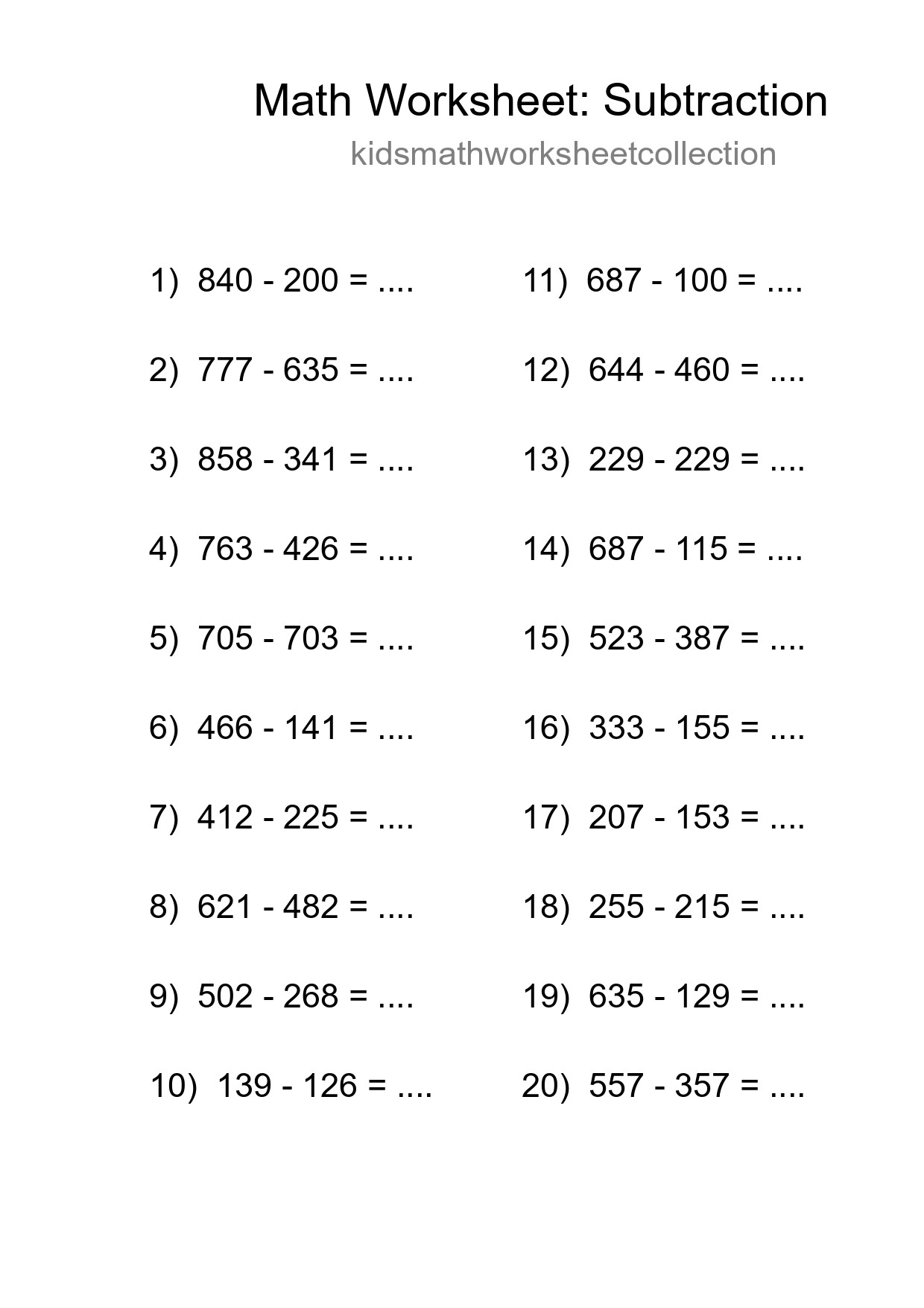 Grade 5 Subtraction Practice Worksheet (20 Problems) - Part 239