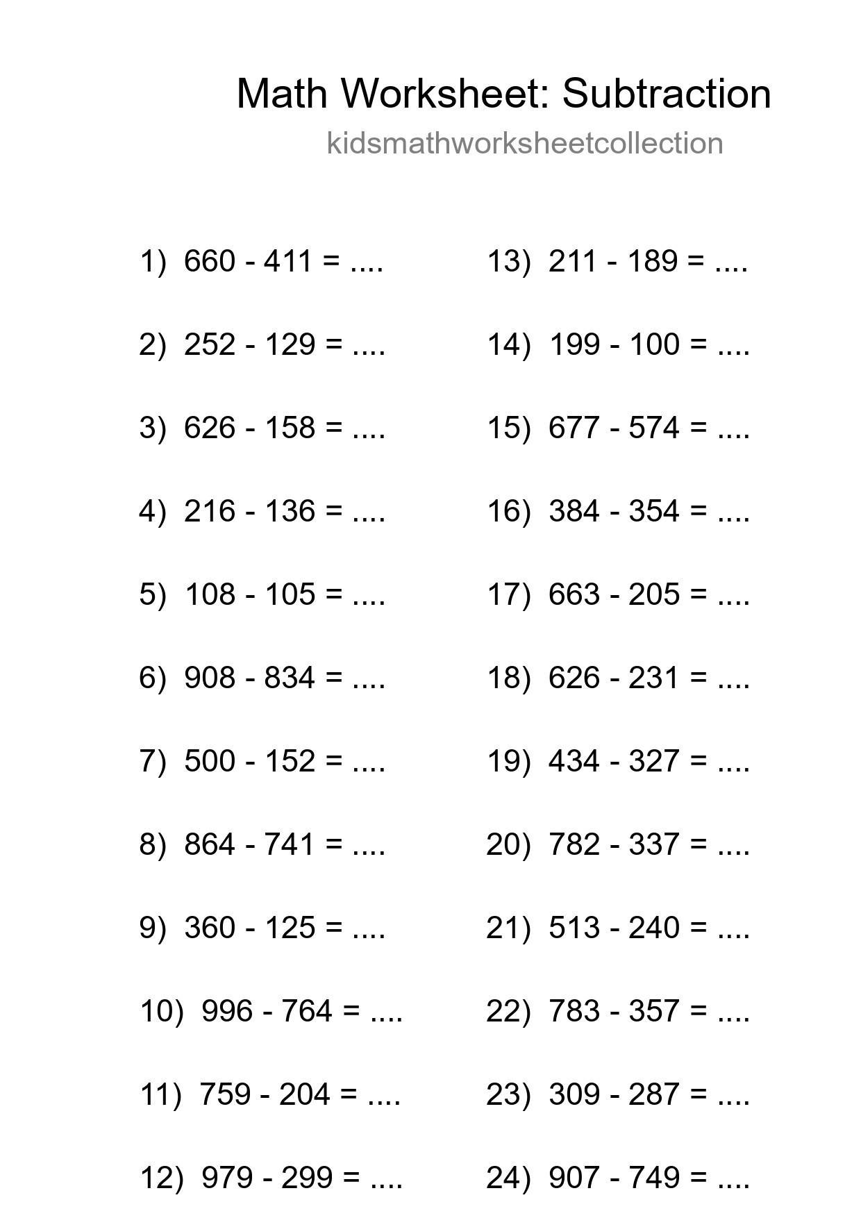 Grade 5 Subtraction Practice Worksheet (24 Problems) - Part 261