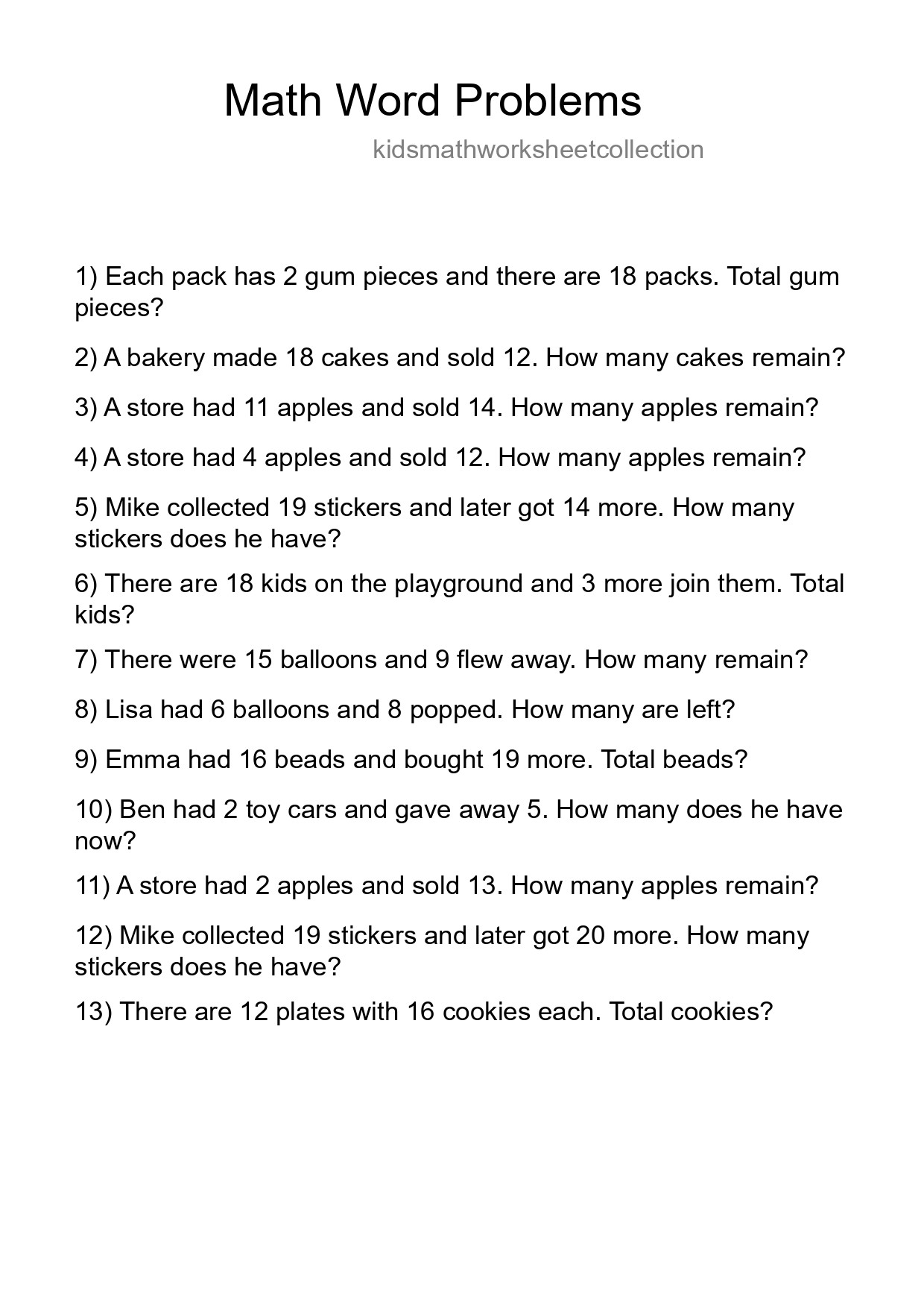 Math Word Problem Worksheet