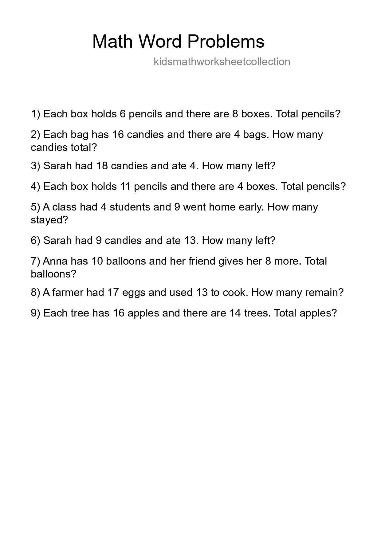 Math Word Problem Worksheet