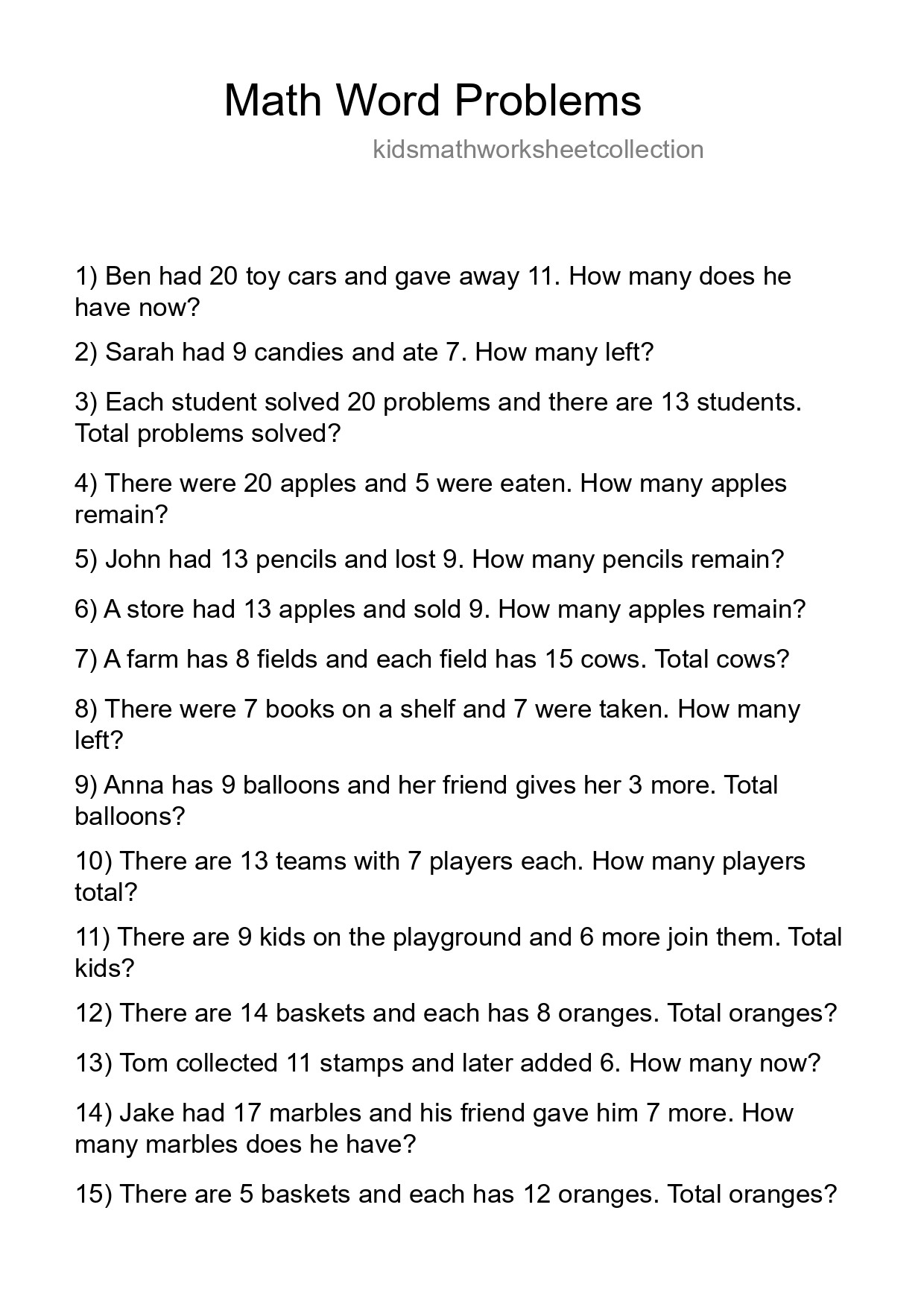 Math Word Problem Worksheet